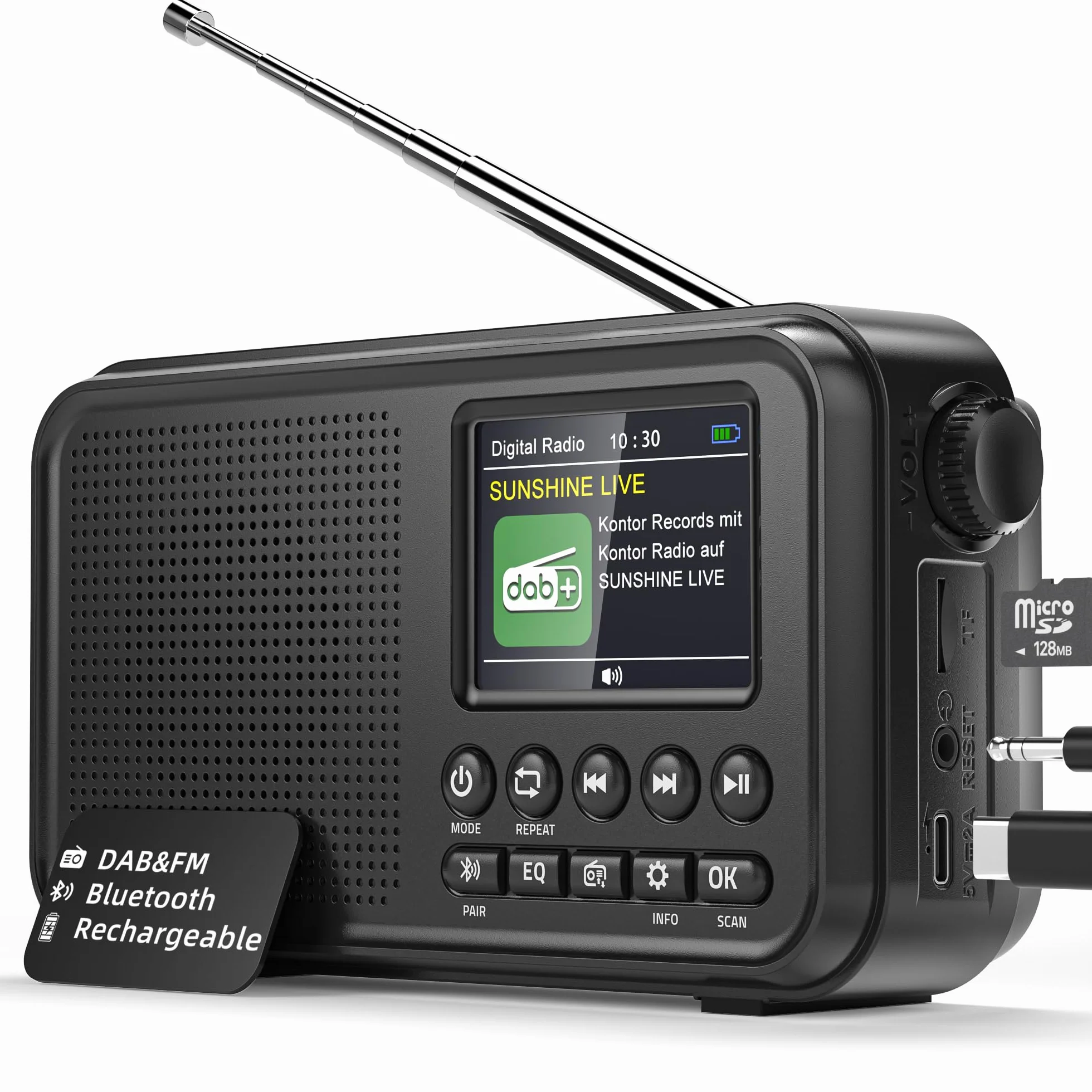 Mesqool Radio Digitale DAB FM Bluetooth Batteria Ricaricabile 3000mAh Compatibile TF 64GB Ricarica Type-C
