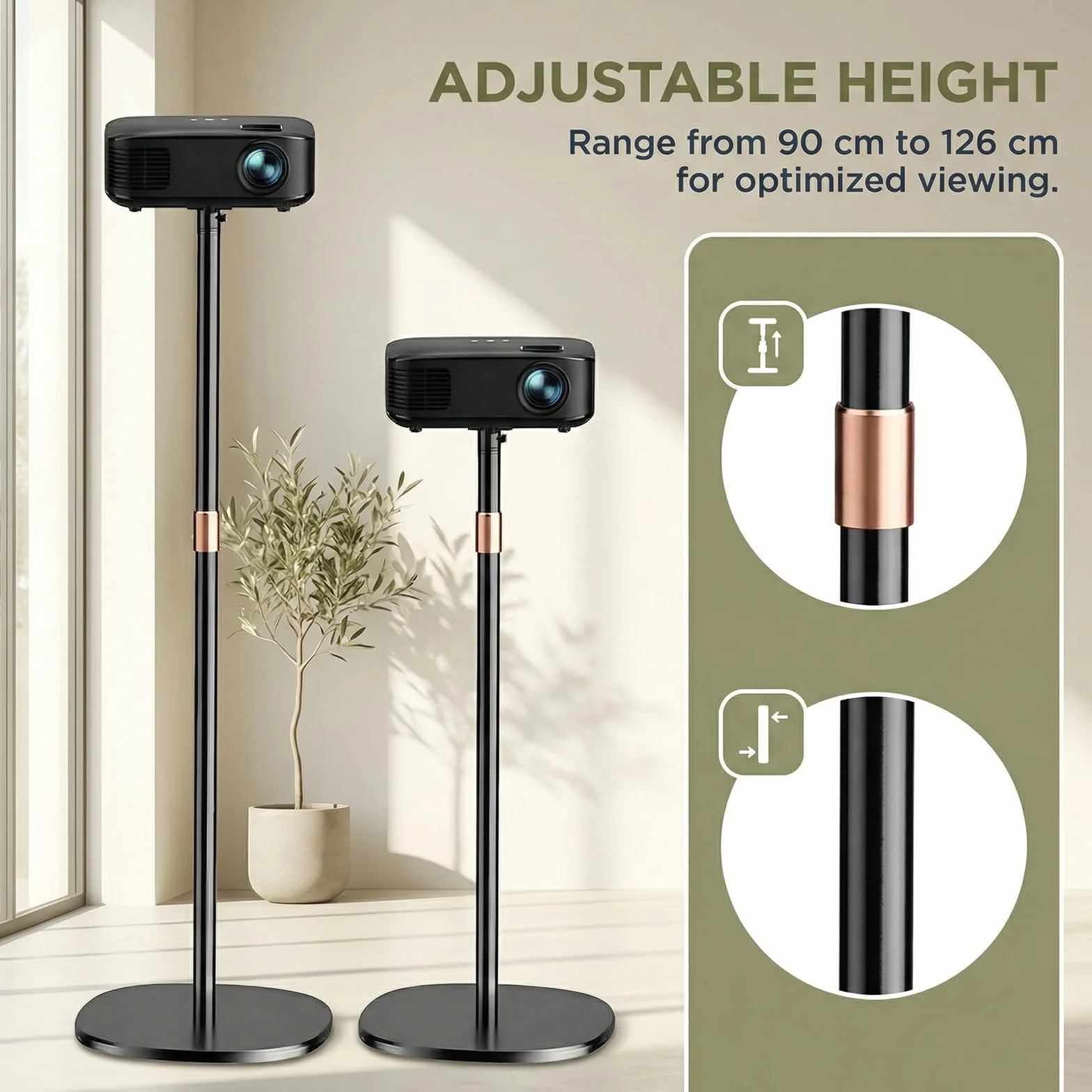 Supporto per Proiettore, Supporto Girevole a 360° per la Maggior Parte dei Proiettori, Altezza Regolabile 128-164 cm, con Base Resistente per Home Cinema, Sala Giochi, Ufficio