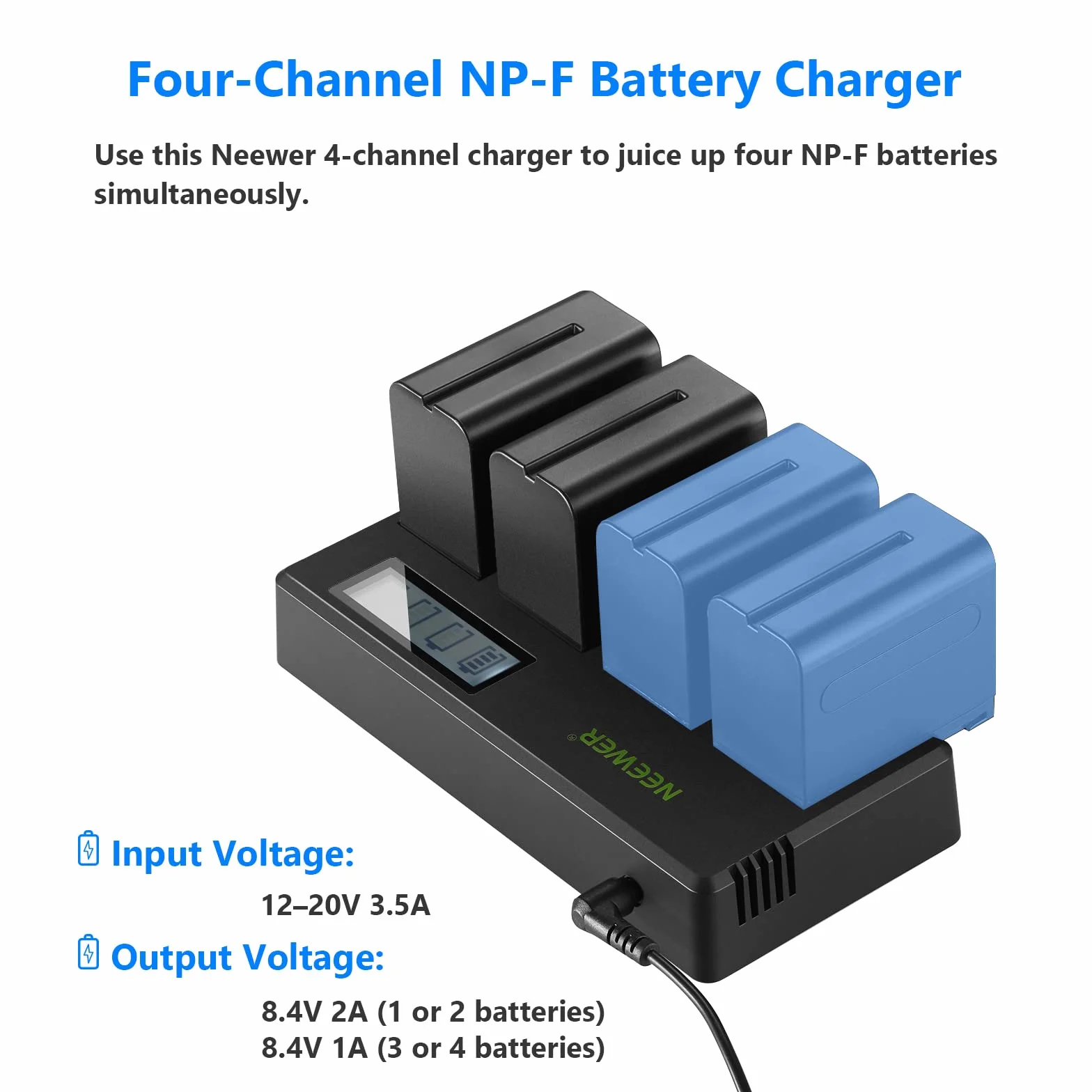 NEEWER 4pz Batteria Sostitutiva 7,4V 6600mAh NP-F970 con Caricatore a 4 Canali&Adattatore d' Alimentazione, Compatibile con NP-F550/750/770/970 FM500H QM71D QM91D, Monitor da Campo&Luce Video