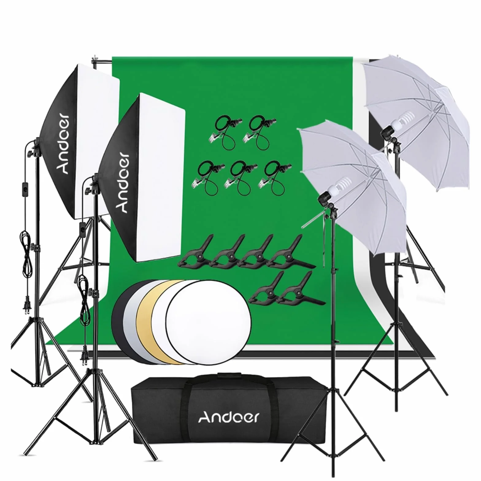 Andoer Studio Fotografico Kit di Illuminazione, kit incluso sfondo 1,8 m * 2,7 m, Sistema di Supporto per Sfondo, Fotografia Riflettore, luce soffusa Ombrello, Softbox, 45W 5500K Lampadina