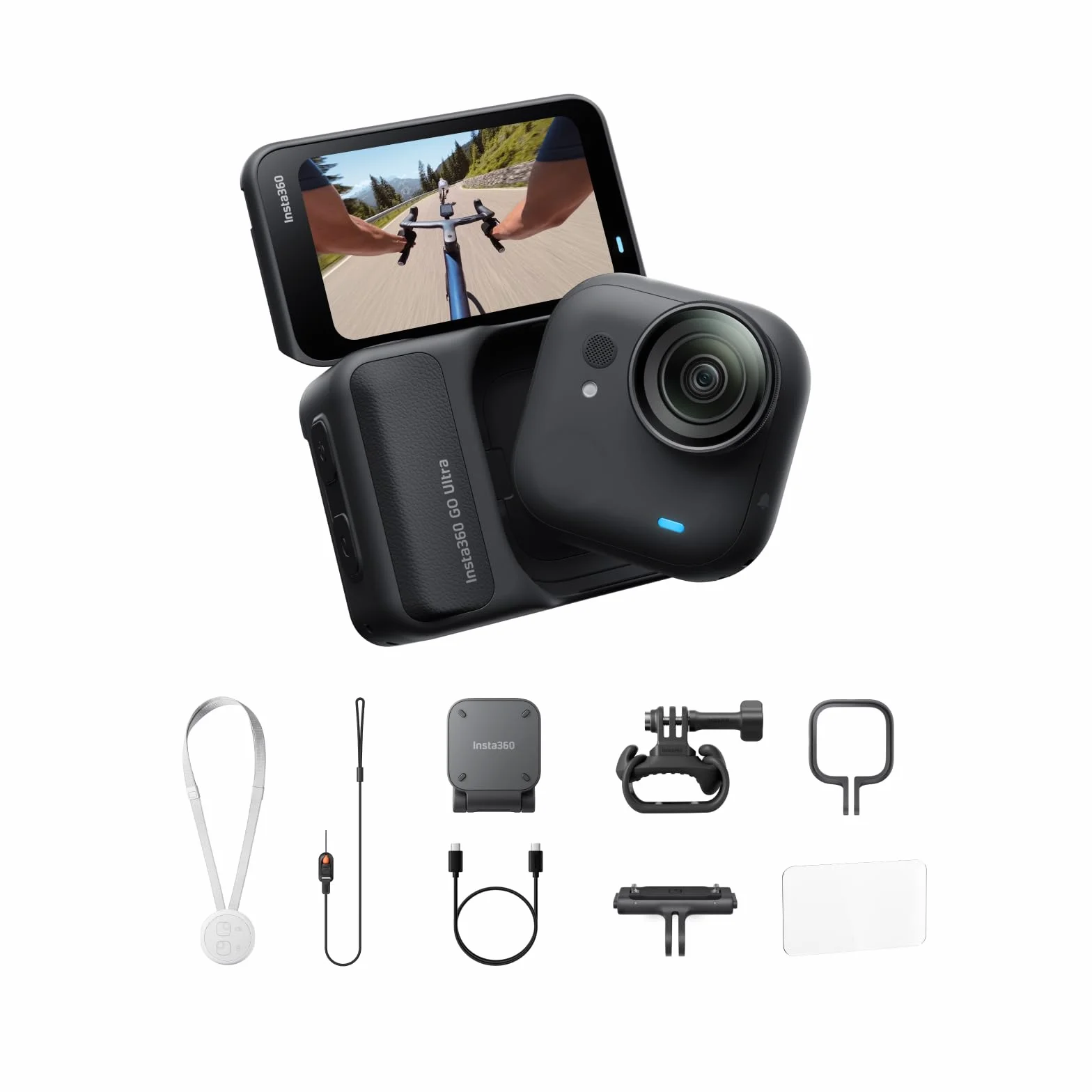 Insta360 GO Ultra Pack Ciclismo Nero Notte- action cam mini 4K a mani libere, indossabile, superba in bassa luce, montala ovunque, stabilizzazione FlowState, 200 min di carica, bici e corsa