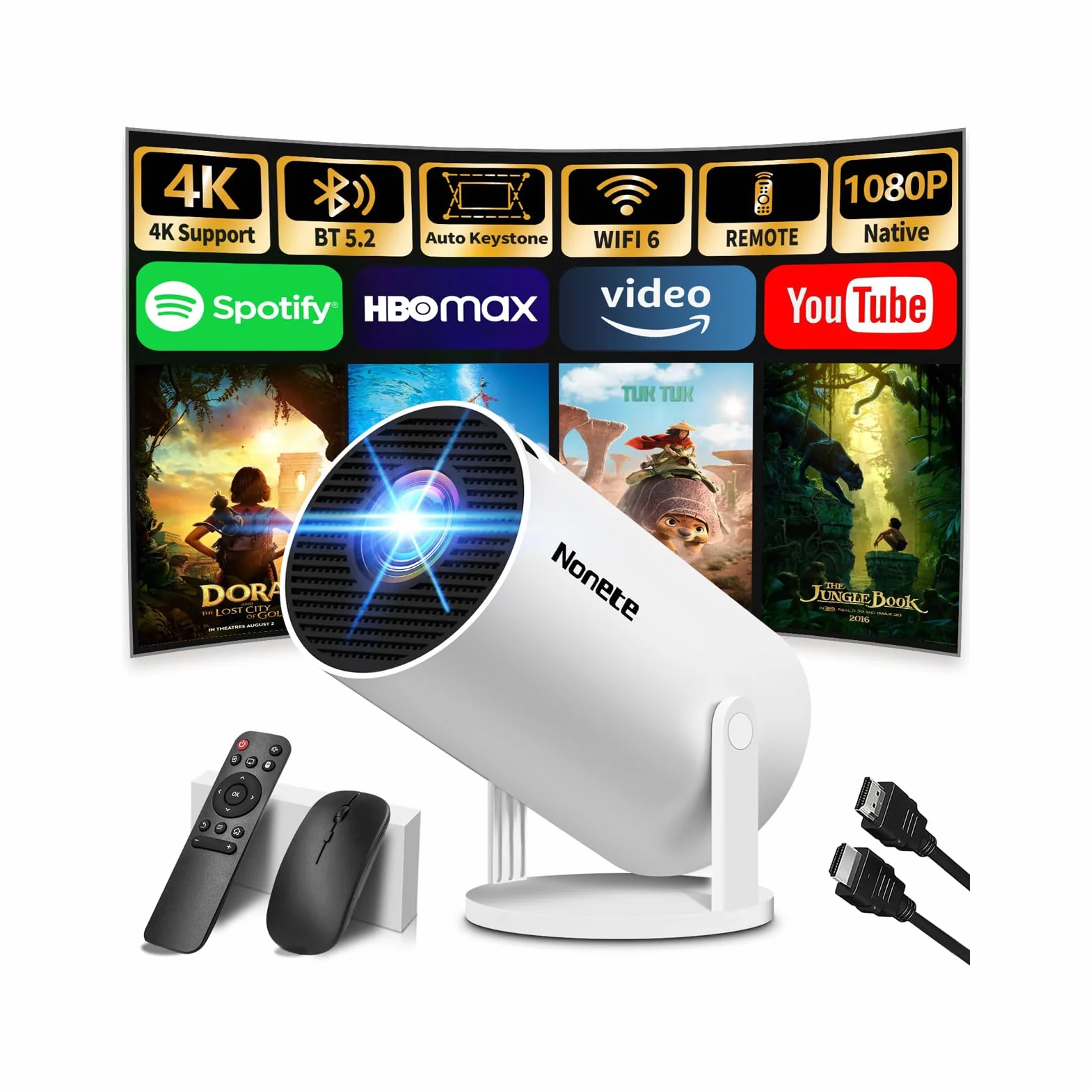 Proiettore 1080P FHD WiFi 6 BT 5.2 Portatile 4K Auto Keystone 270° Rotativo Bianco