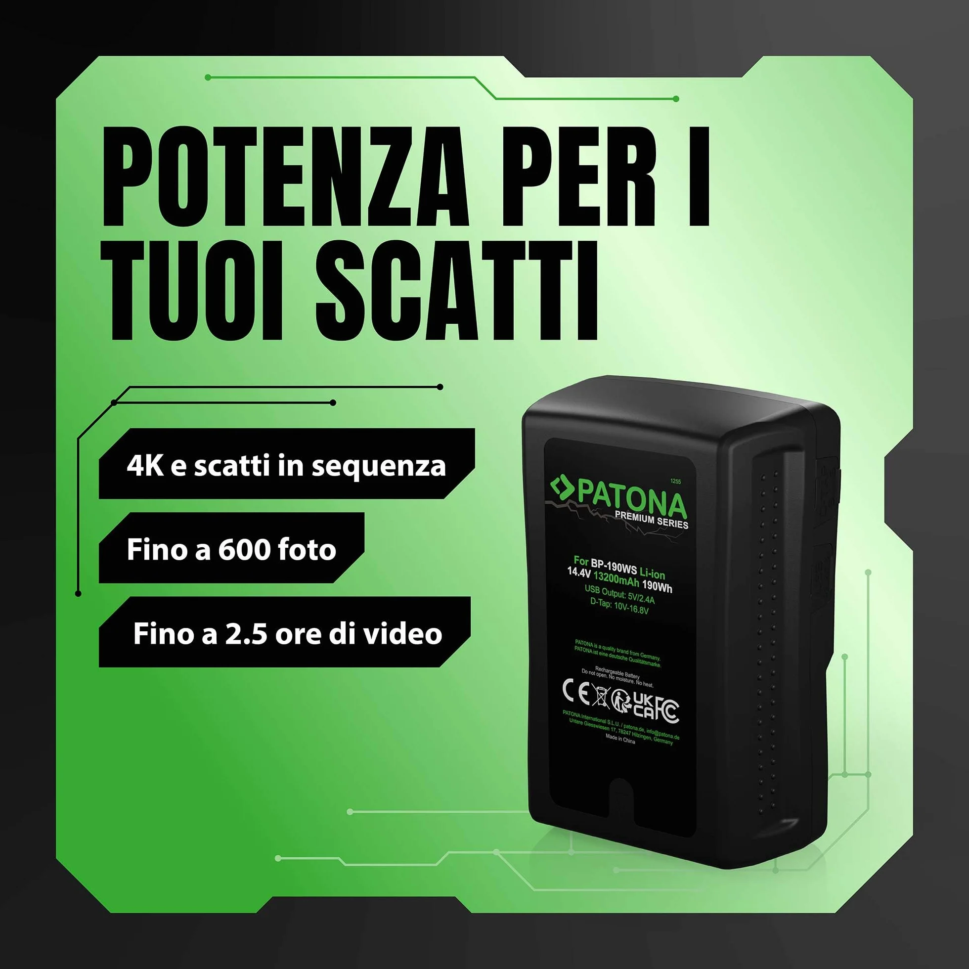 PATONA Premium Batteria V-Mount 190Wh (14,4V 13200mAh) – sostituisce Sony BP-190WS BP-GL95 BP-GL65 – con D-Tap e uscita USB, indicatore LED – per camcorder broadcast, URSA e luci video