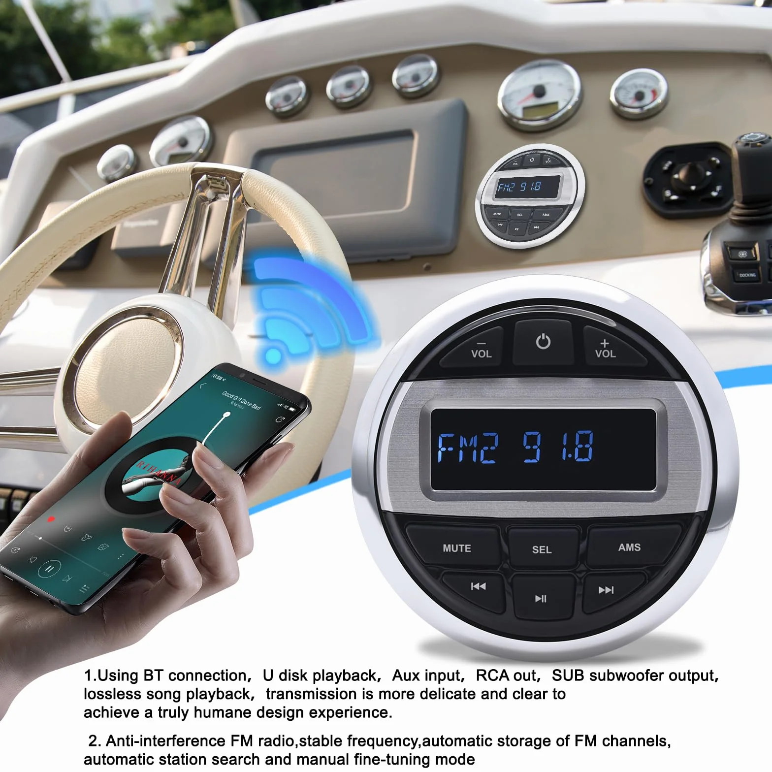 Geloo Marine Radio Stereo Lettore MP3, Barca Marina FM/Am Radio Ricevitore Impermeabile per Marine Yacht, Stereo Barche Camper LKW SUV