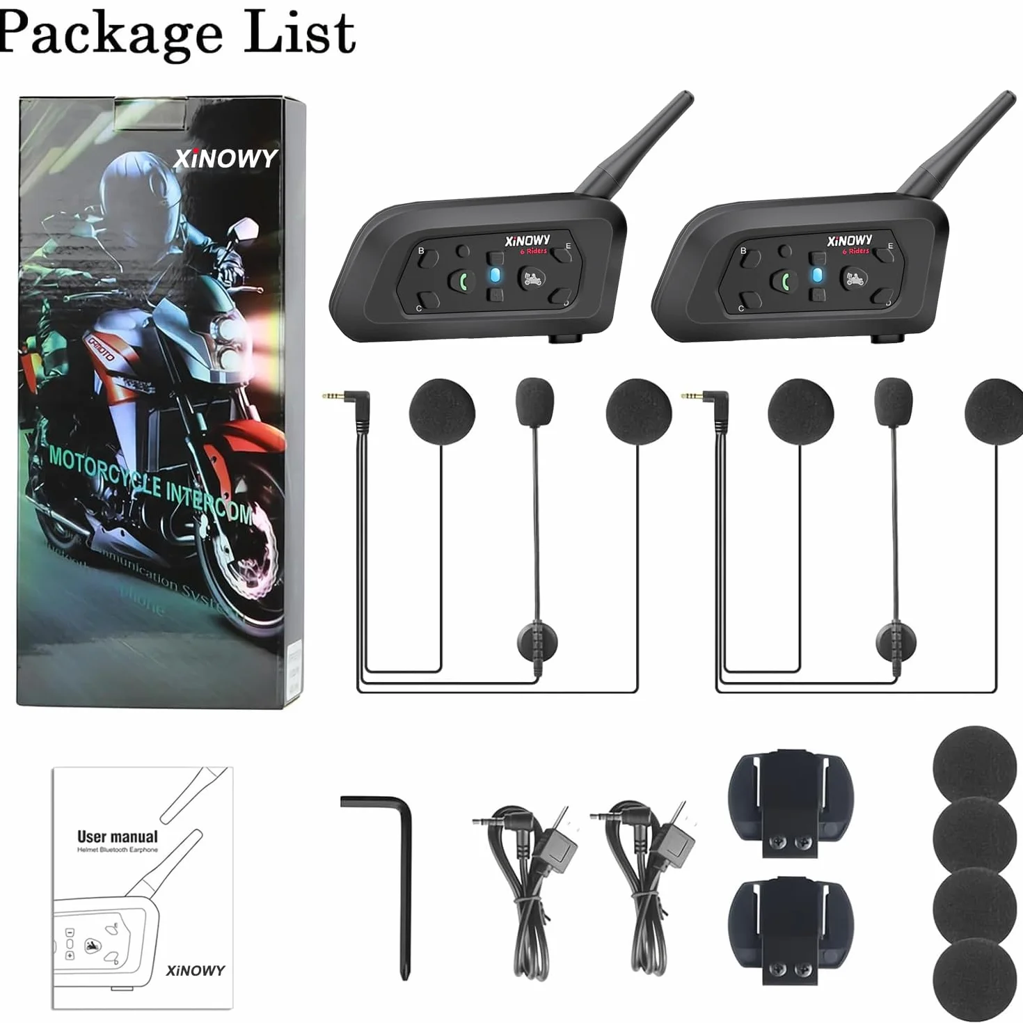 Casco da Moto Intercom V6 Bluetooth Comunicazione Vivavoce per 6 Riders Portata 1200m Qualità audio HD Resistente all'acqua per Moto/Bicicletta/MTB (Pack 2)