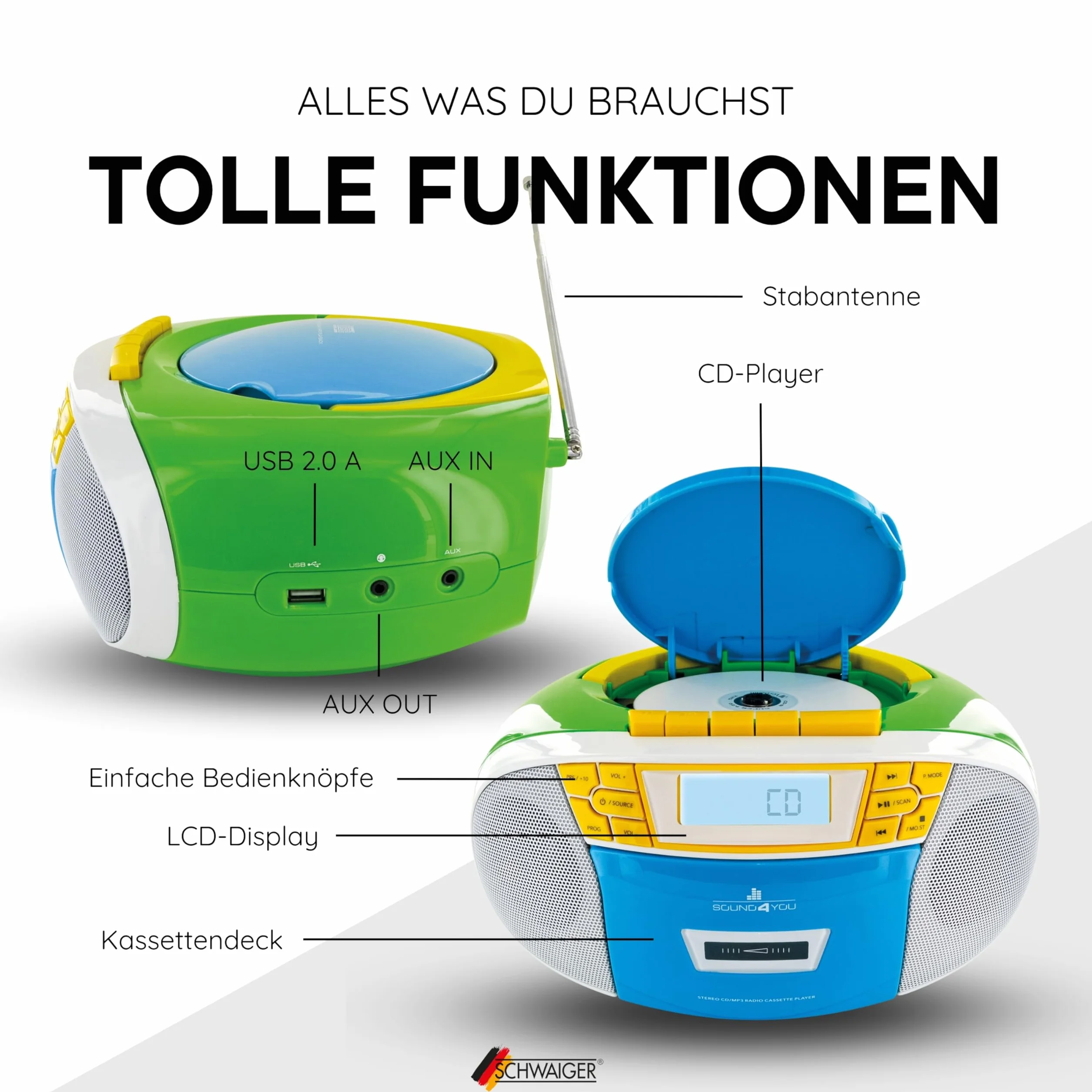 SCHWAIGER Lettore CD con cassette e radio MP3 Boombox portatile USB FM AUX