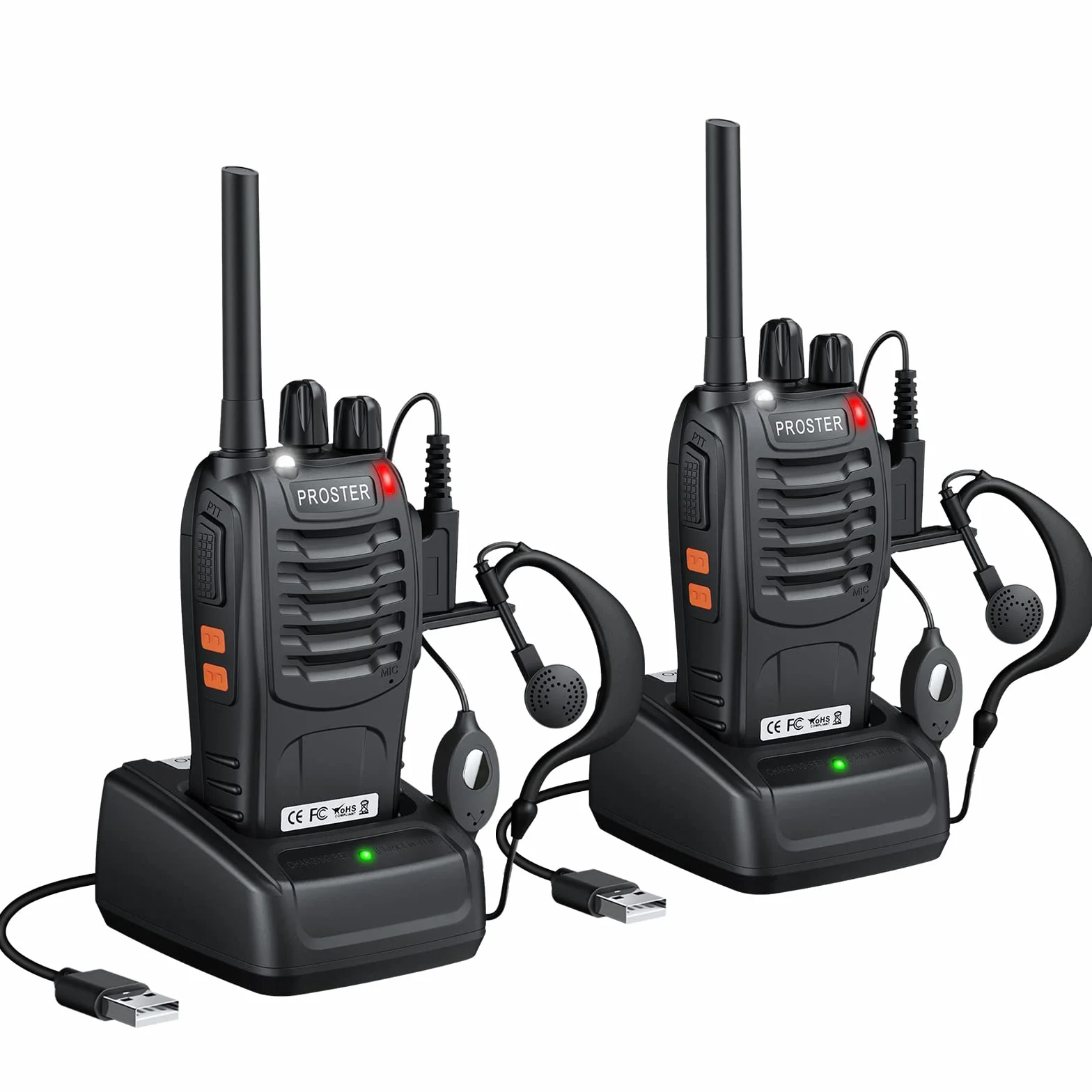 Proster Walkie Talkie PMR446 Senza Licenza Ricaricabili Set 2 Ricetrasmittenti Portatili 16 Canali VOX Torcia LED Auricolari Batteria 1500mAh per Lavoro Outdoor Famiglia Bambini