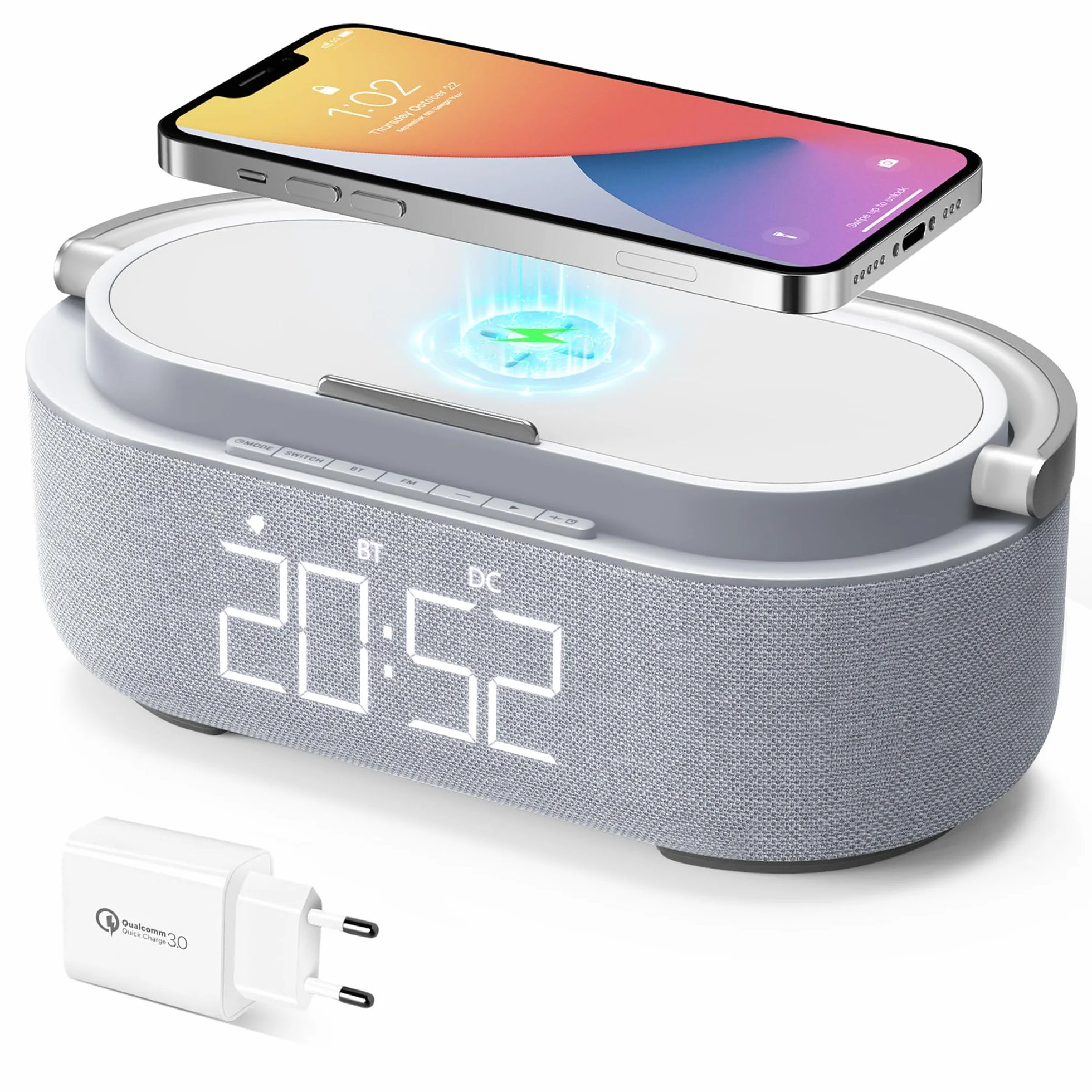 COLSUR Radiosveglia Digitale con Ricarica Wireless, Radio FM Sveglia con Display LED Regolabile