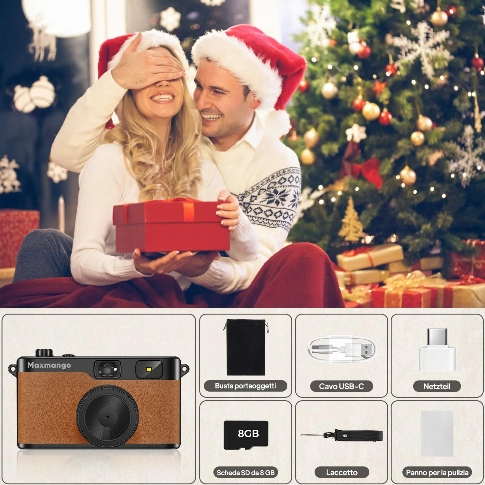 Maxmango D53 Fotocamera Digitale Compatta Senza Schermo, Fotocamera Vintage Retro 12 MP Catturare Momenti Reali, Filtri DIY Scaricabili, USB-C, Scheda SD da 8 GB Inclusa, Fino a 4000 Foto (Marrone)
