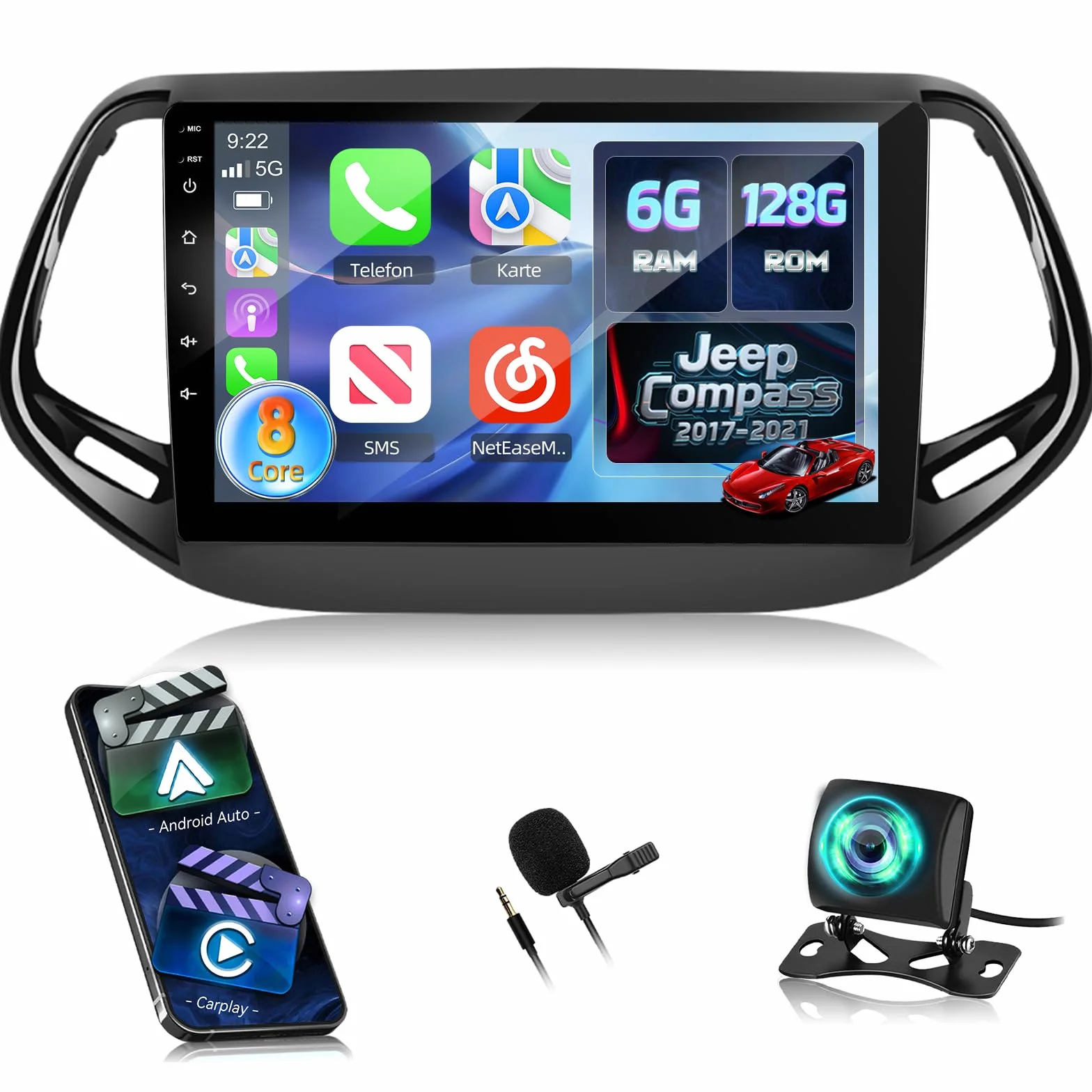 NHOPEEW Autoradio 8 Core 6+128G Android per Jeep Compass 2017-2019 con Carplay wireless e Android Auto DSP Wifi GPS Comandi al volante Vista panoramica a 360