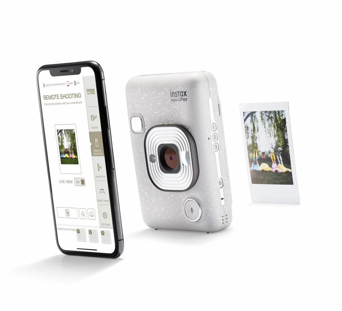 Fujifilm instax mini LiPlay Stone White - Fotocamera Ibrida Istantanea e Digitale, Registra 10” di Audio sulla Foto con la Funzione “Sound”, Remote Shooting e Bluetooth, Foto formato 62 x 46 mm