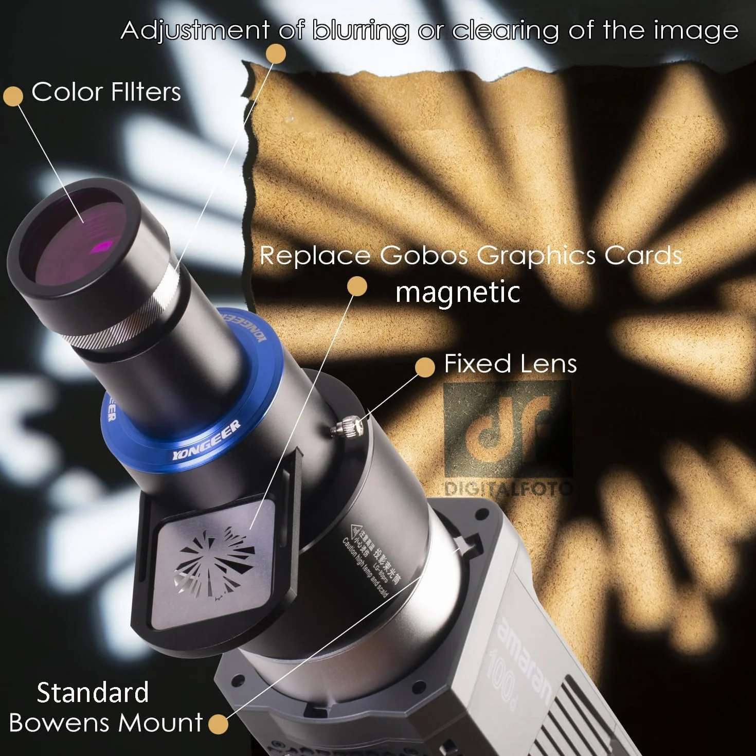 DF DIGITALFOTO Snoot Ottico Bowens Proiettore, 25 Gobo, Allegato per la Fotografia Spotlight, Compatibile con Aputure Amaran 100X/D 200D/X, Godox SL60 per Moda, Bellezza, Ritratti Focalizzabile