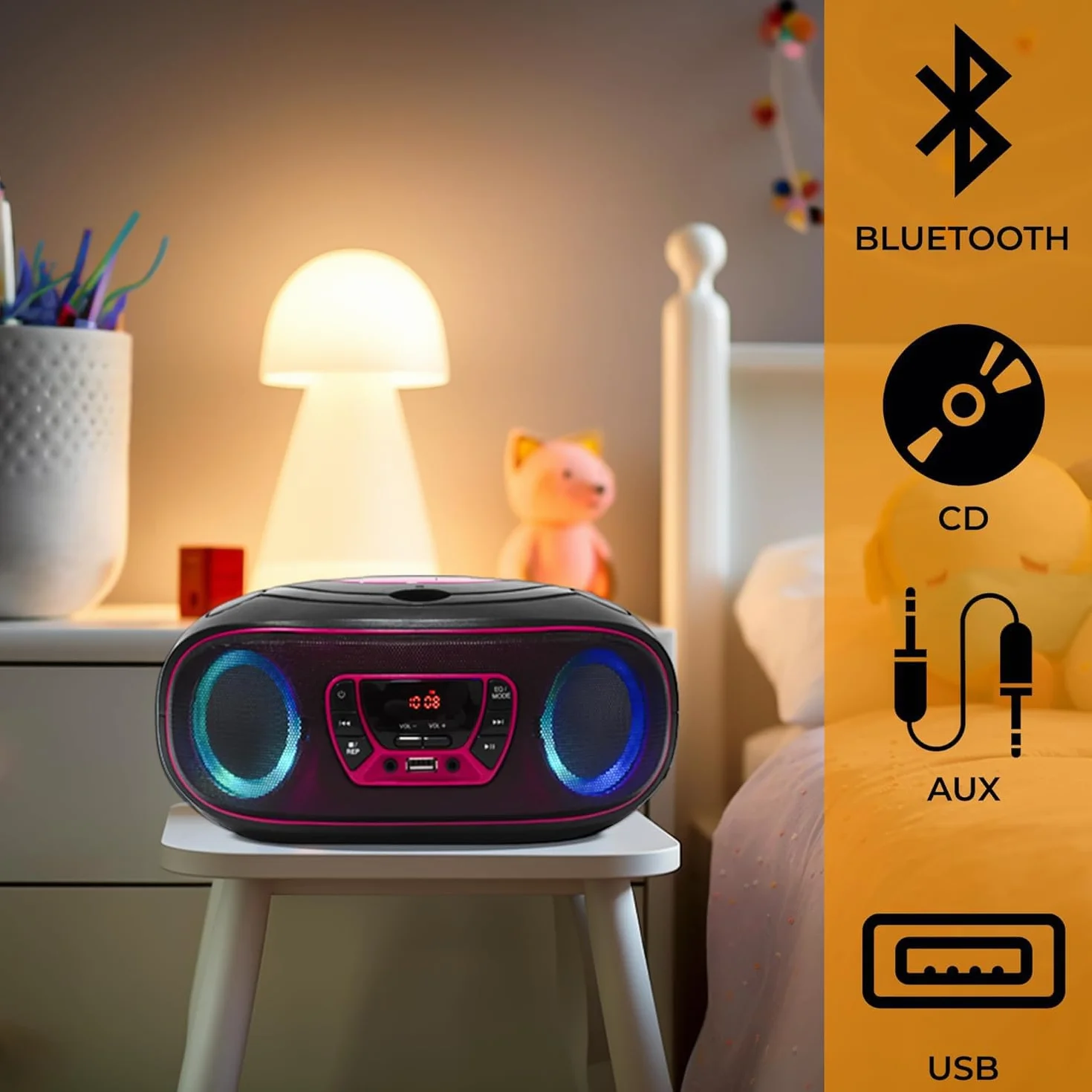 Lettore CD Portatile con Bluetooth Denver TCL-212BT Rosa. Boombox. FM Radio. Volume 2x2W. Ingresso USB, AUX e per Cuffie. Effetto luci.