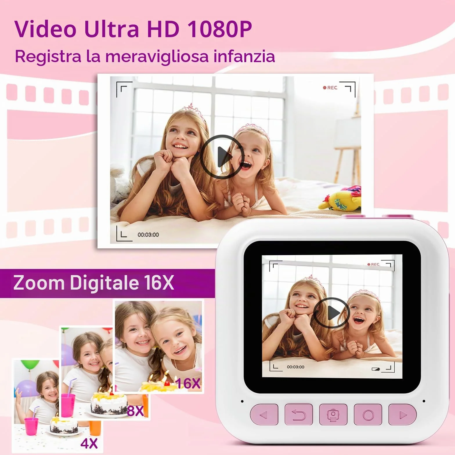 Macchina Fotografica Bambini Istantanea, 2,4 Pollici 1080P Fotocamera Bambini Selfie con Carta da Stampa e 32GB Scheda, Giocattolo Regalo di Natale Bambino e Bambina 3 4 5 6 7 8 Anni (Rosa)