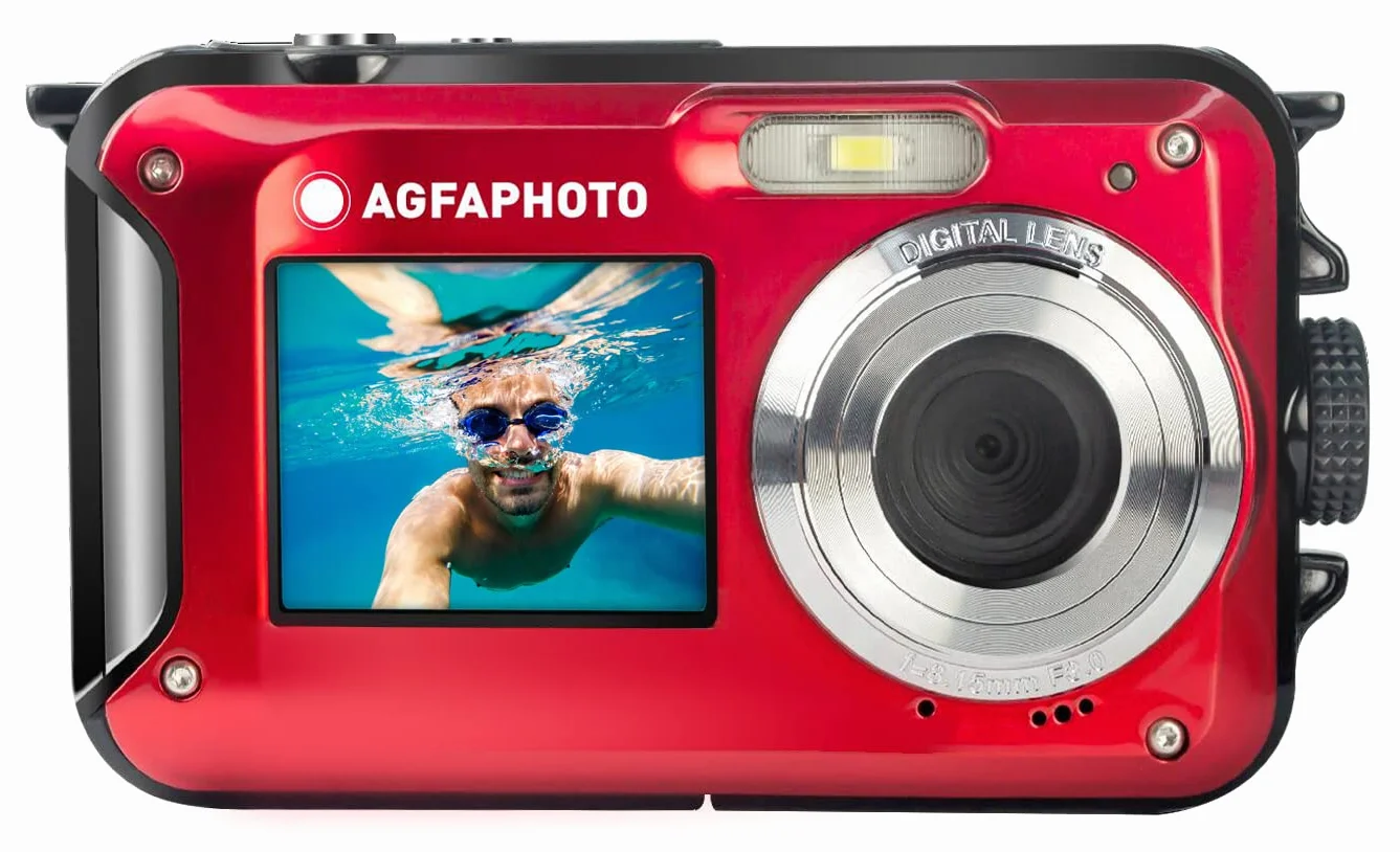 AGFA PHOTO Realishot WP8000 - Fotocamera Digitale Impermeabile, 24 MP, Video Full HD, Doppio Schermo LCD, Zoom Digitale 16x, Stabilizzatore Digitale, Batteria al Litio - Rosso