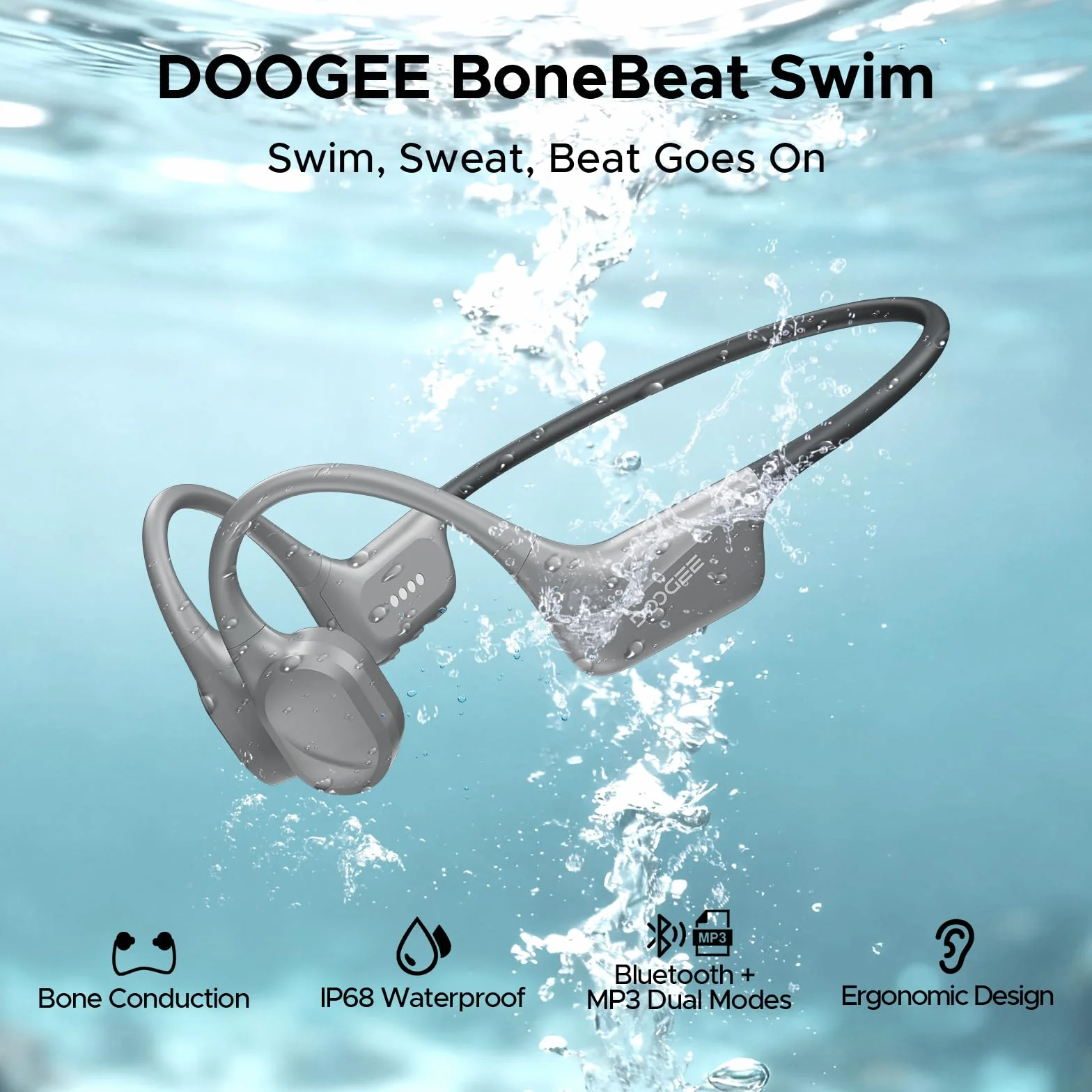 Cuffie Conduzione Ossea IP68 Impermeabili per Nuoto, Auricolari Sportive Bluetooth 5.4, MP3, 32GB, Comodo Silicone, Open-Ear per Corsa, Ciclismo, Palestra,Grigio