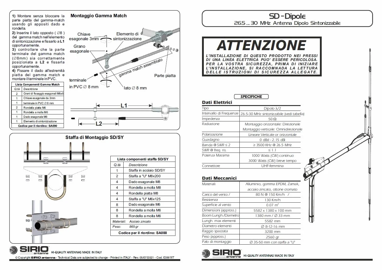 SIRIO SD-DIPOLE ANTENNA 26.5-30 MHz TARABILE