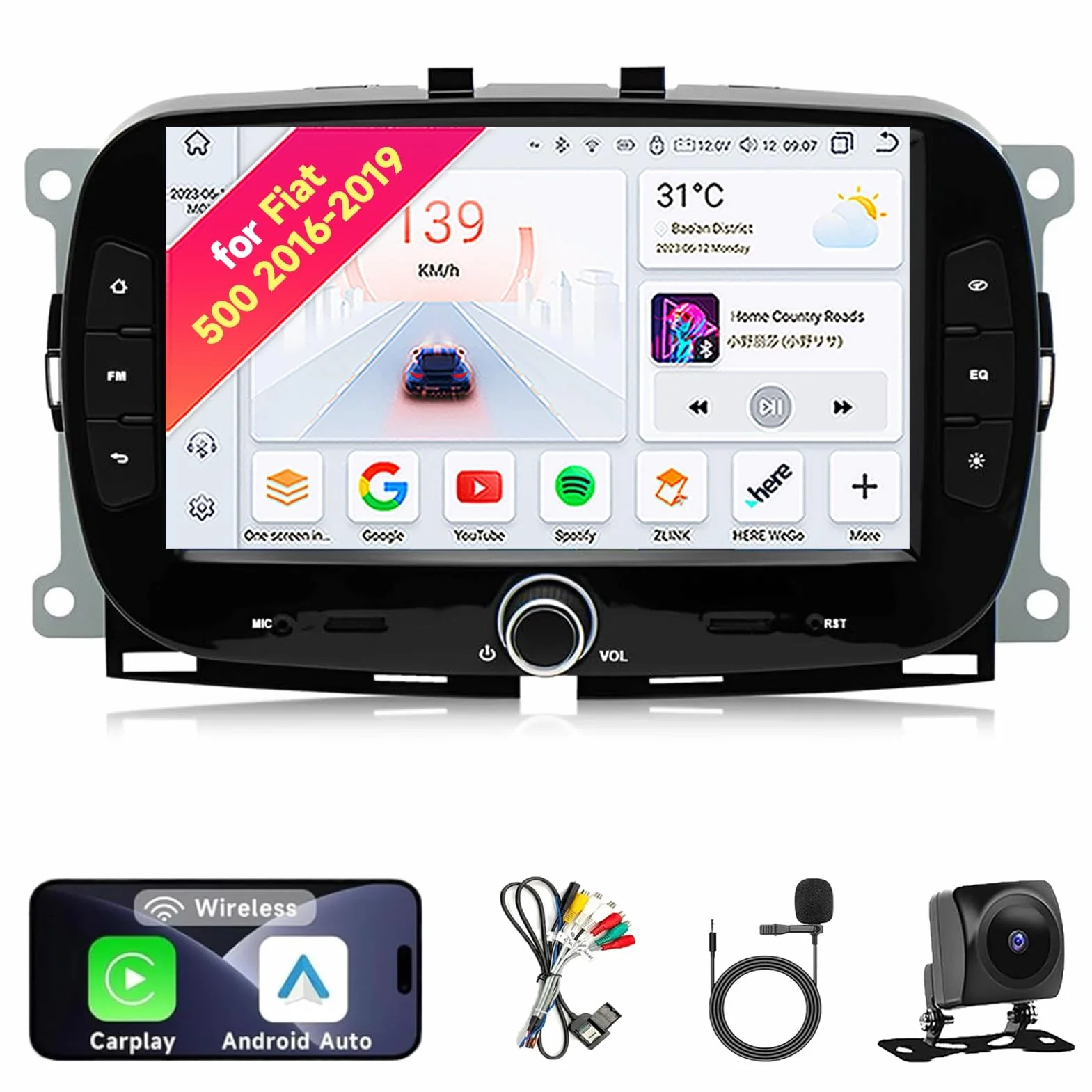 Autoradio stereo Android 13 Per Fiat 500 2016-2019 - Schermo touch IPS da 7", kit cruscotto aggiornato con CarPlay e Android Auto, navigazione GPS, Bluetooth 5.0, WiFi, SWC, 5G, DSP(4Core 2+64GB)
