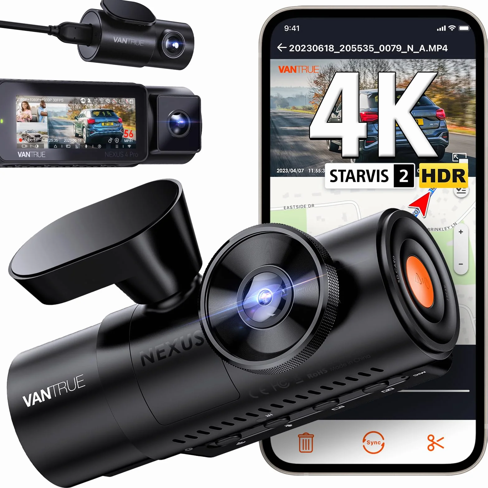 VANTRUE N4 Pro 4K +1080P+1080P 3 Lent STARVIS 2 Sensor Dash Cam, 5GHz WiFi GPS Telecamera per Auto, 3xHDR IR Dashcam Auto, Controllo Vocale 24h. Modalità di Parcheggio Buffer, 3.19” IPS Max 512G