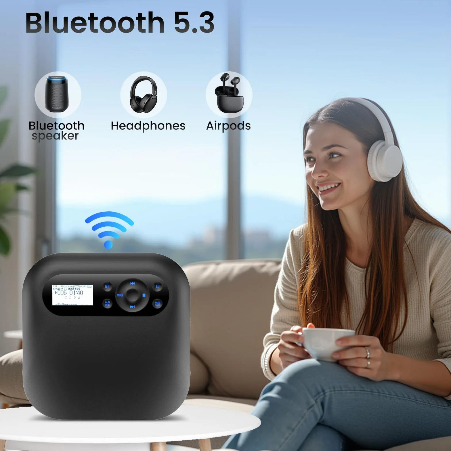 Lettore CD portatile con Bluetooth, NUOVO Lettore CD Discman ricaricabile per auto con FM, Due altoparlanti stereo, Anti-Skip, Due connettori per cuffie, Per regalo