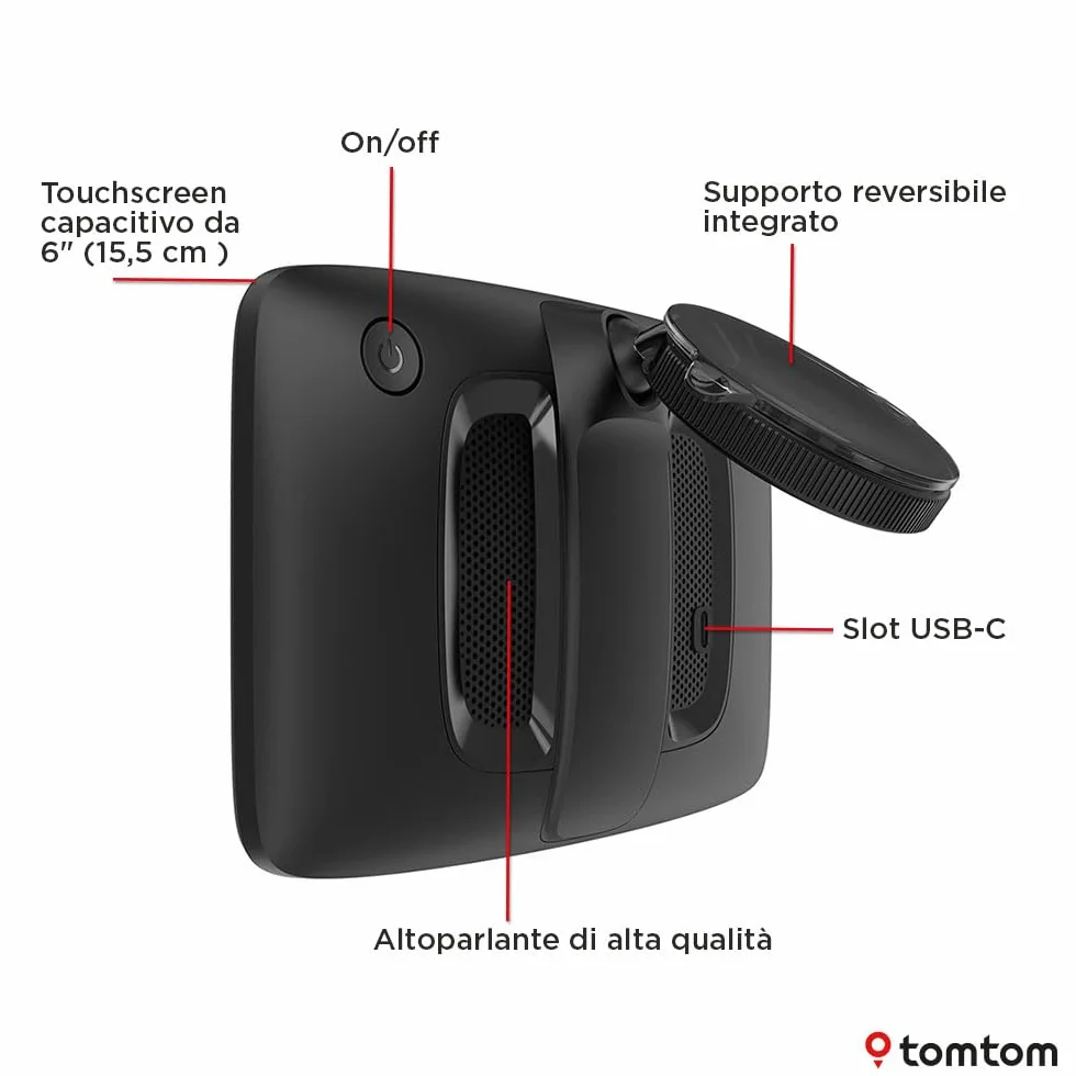 TomTom Navigatore per Auto GO Advanced (6", Info traffico e Avvisi autovelox, mappe mondo, Aggiornamenti Wi-Fi, Indicatore corsia in movimento, Segnali visivi, Supporto reversibile integrato)