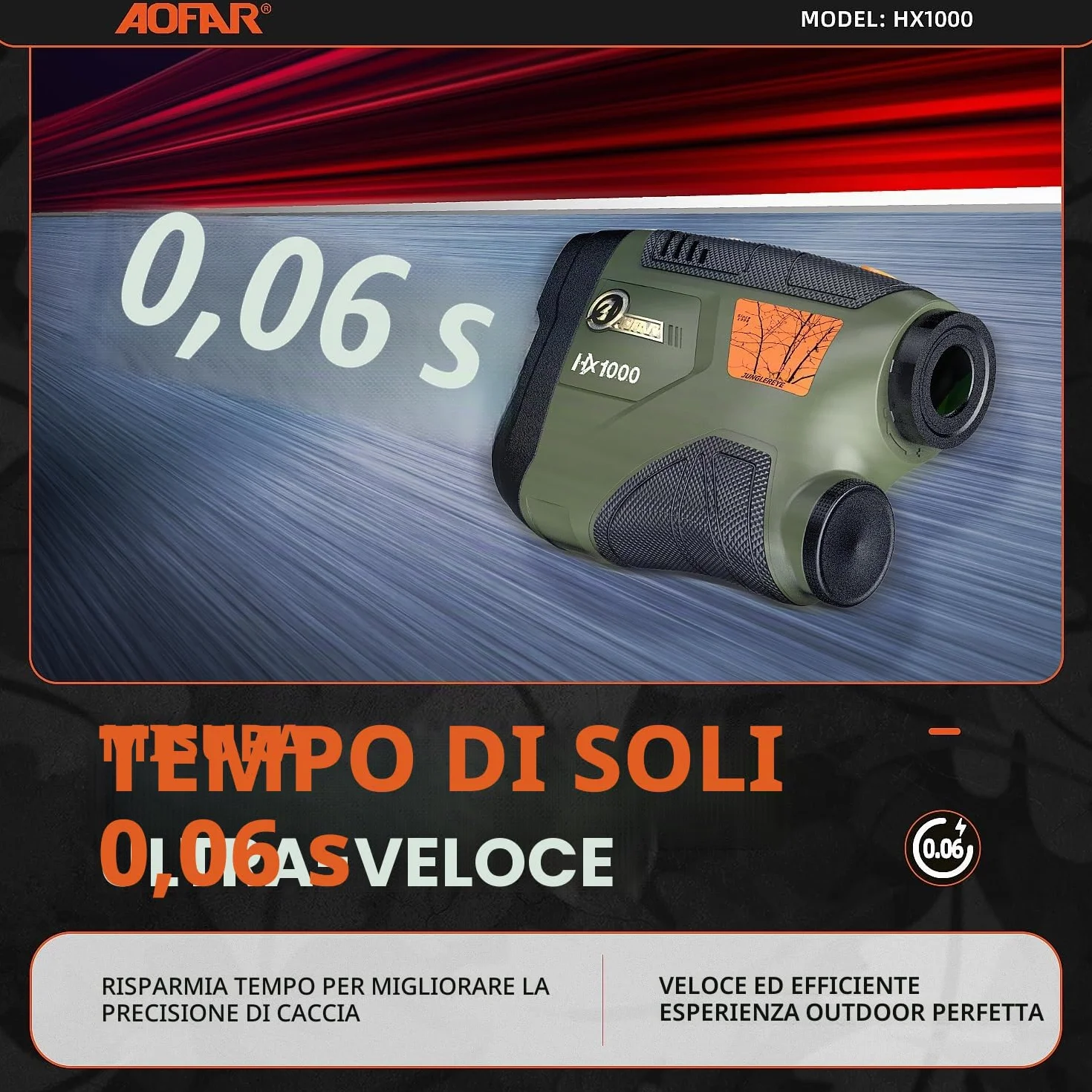 AOFAR HX1000 Telemetro Laser da Caccia 1000 iarde, Misurazione Distanza Angolare e Orizzontale, Modalità Scansione e Velocità, 6x Ingrandimento, Impermeabile, Batteria Inclusa