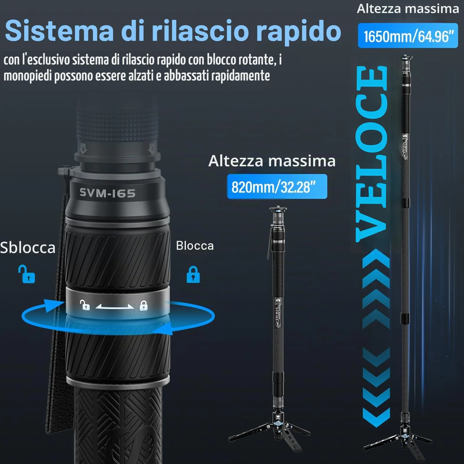 SIRUI SVM-165 - Monopiede per fotocamera con piedi per fotografia, 165 cm, in fibra di carbonio, monopiede con treppiede rimovibile, monopiede professionale per fotocamera DSLR, videocamera, carico