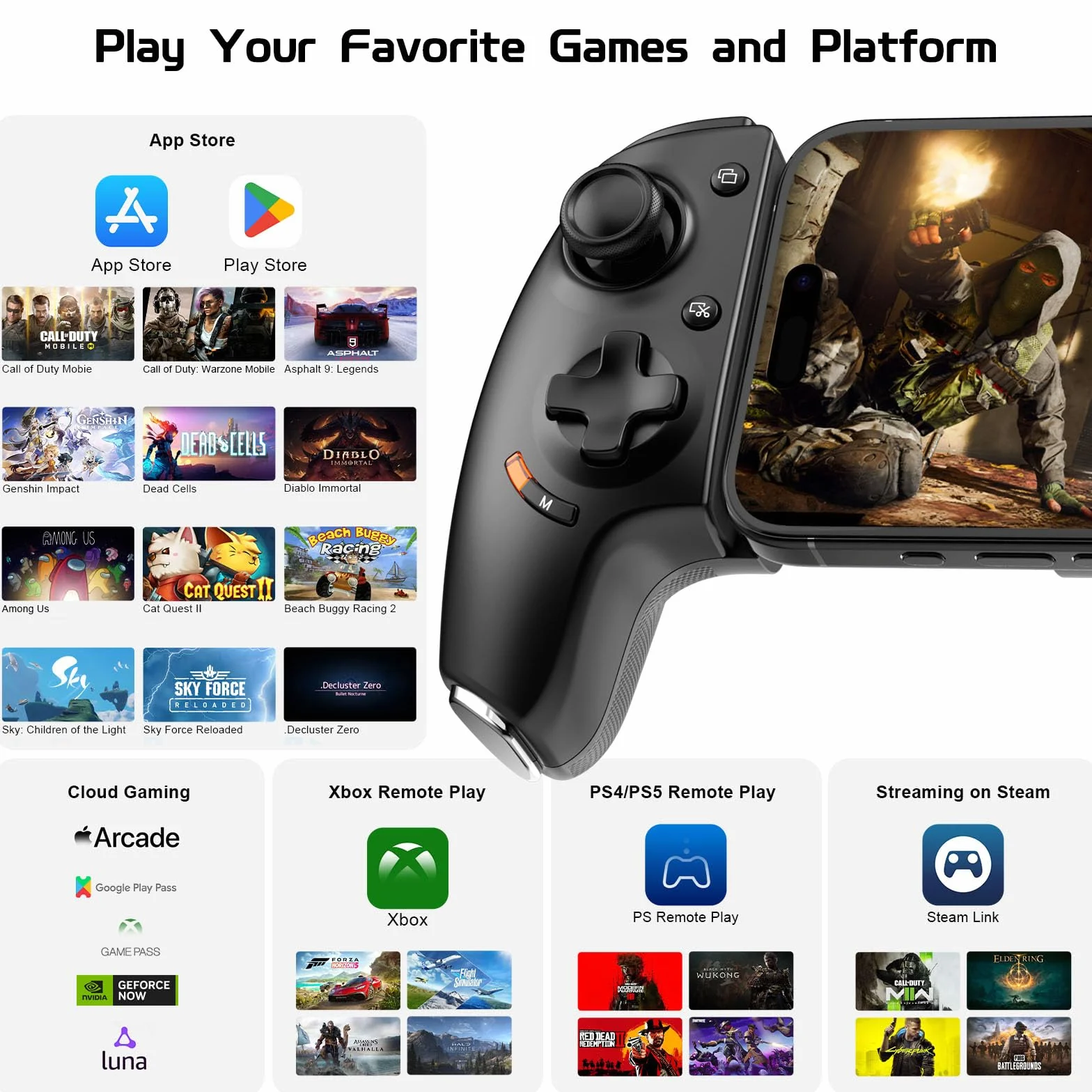 Joso Controller per iPhone 15/16 e Android (USB-C), controller di gioco remoto per console PS5/PS4/Xbox, Joysticks Effetto Hall, 2 pulsanti mappabili, jack audio da 3,5 mm