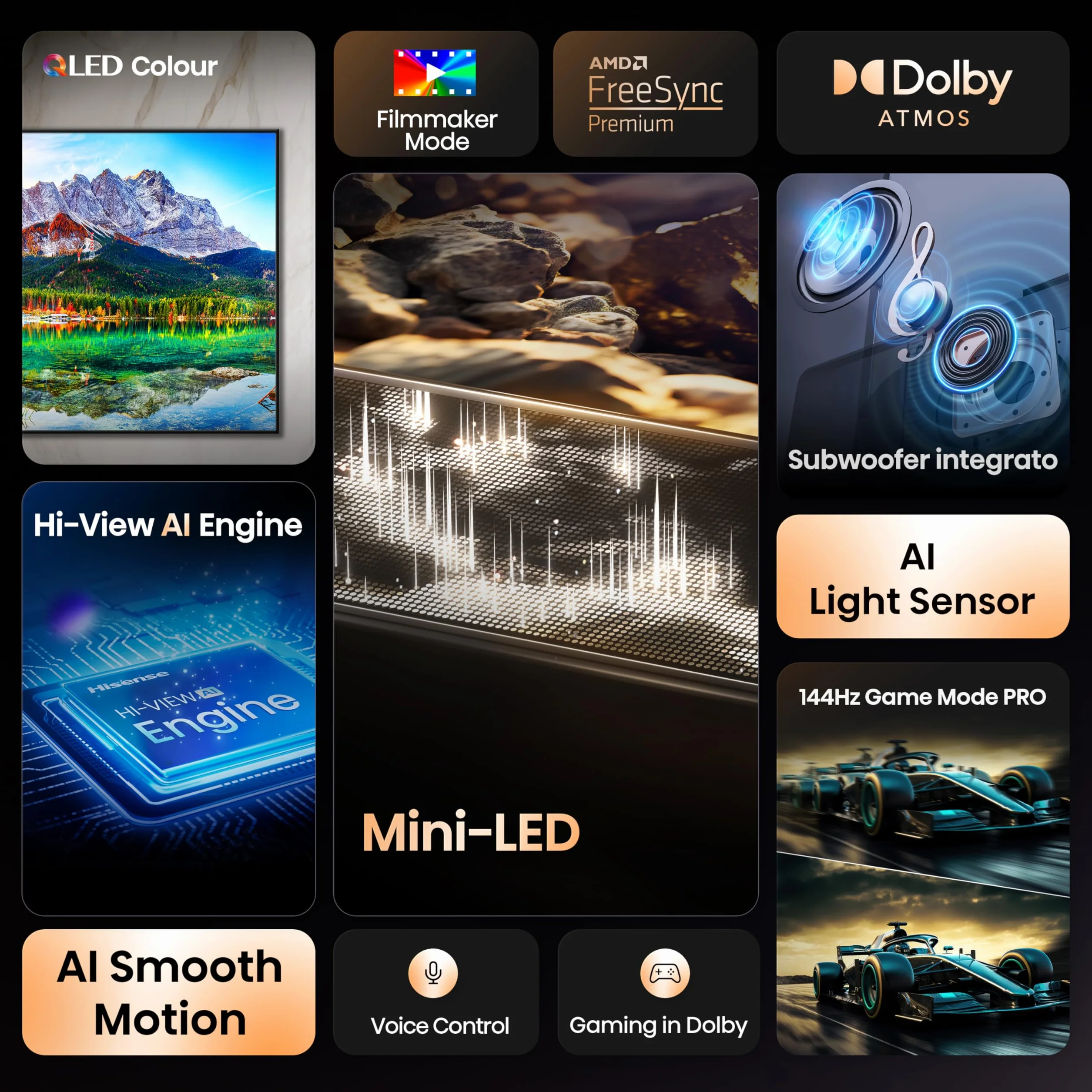 Hisense TV 65" Mini-LED 4K 144Hz Smart VIDAA U8 Dolby Vision IQ HDR10+ Adaptive Dolby Atmos 2.1 Subwoofer Alexa Built-in