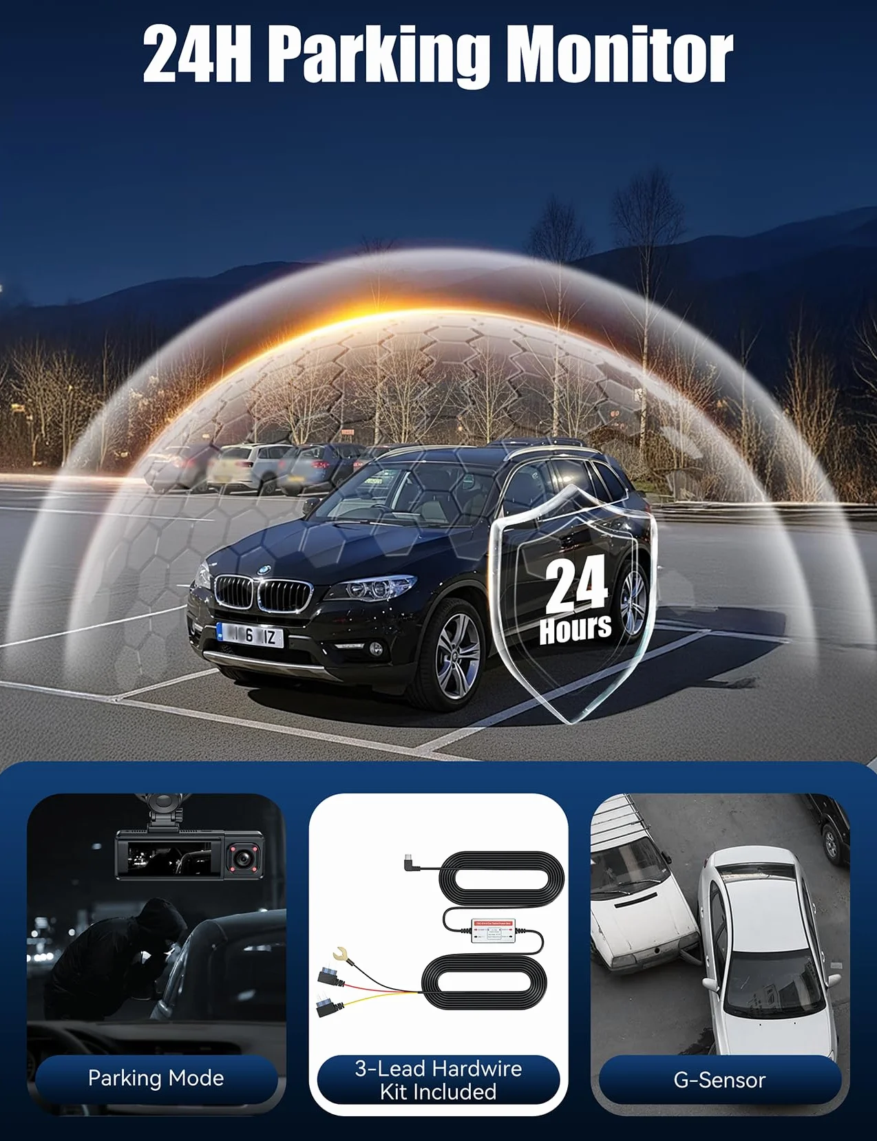 Dashcam 4K 3-Canali, 3,17" Display IPS Dash Cam, Telecamera Auto con WiFi & App, Grandangolo 170°, Sensore G, Visione Notturna, Registrazione in Loop, Monitoraggio Parcheggio,Scheda SD da 64 GB