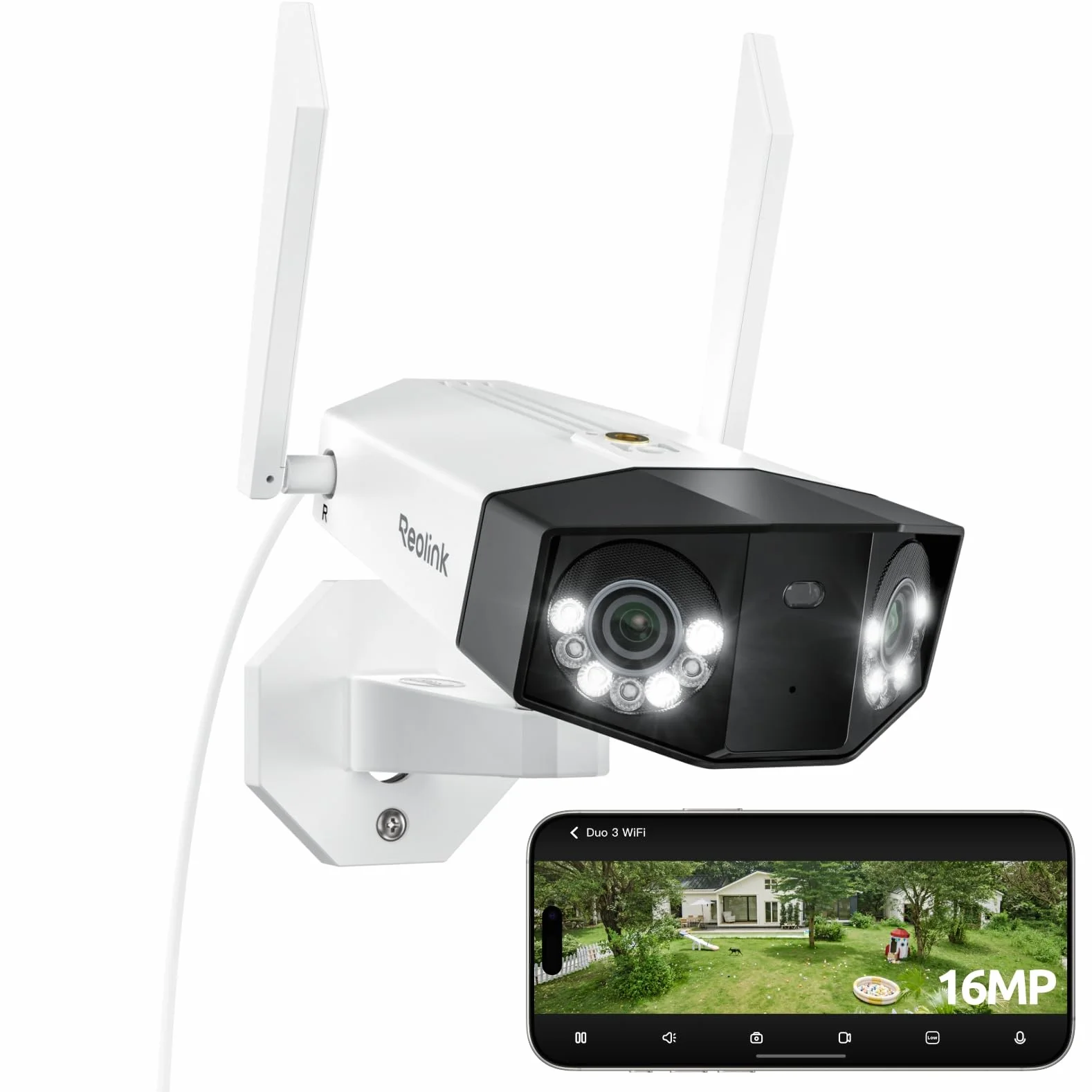 Reolink 16MP Telecamera WiFi Esterno 180°, WiFi 6 Dual-Band 2,4/5GHz, Rilevamento Persona/Veicolo/Animali/Movimento, Visione Notturna con Faretti, Registrazione 24/7, Archiviazione Locale, Duo 3 WiFi