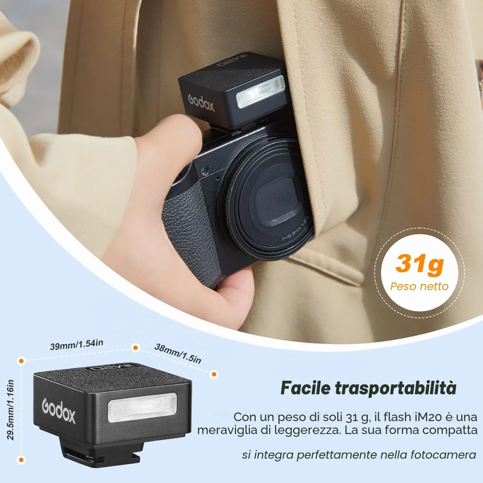 GODOX iM20 - Mini flash per fotocamera, 5 livelli di potenza, 6000 K ± 200 K 440 Flash Full-Power Godox im20 Mini Flash per Canon Sony Nikon Fuji Olympus
