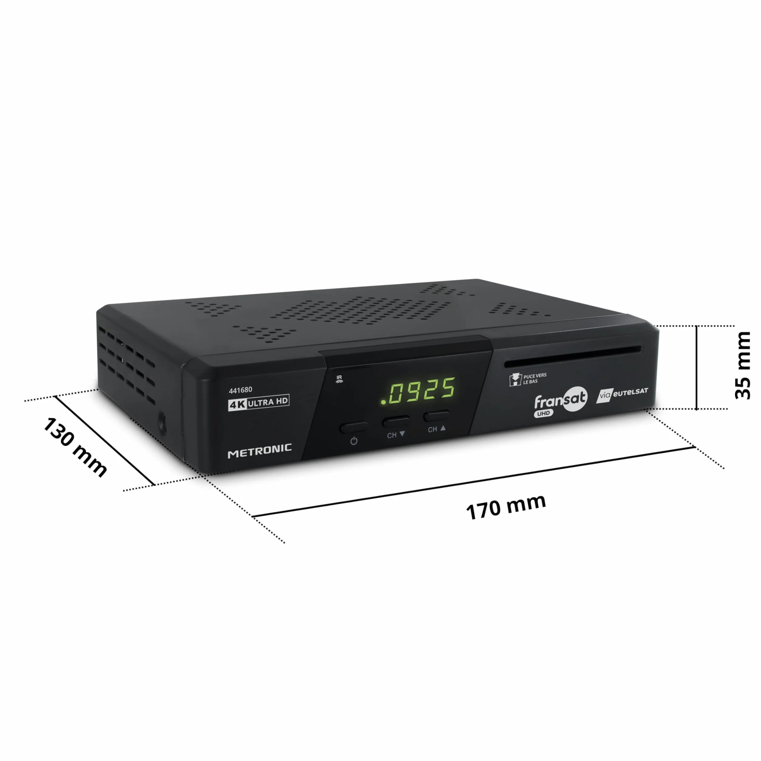 METRONIC 441680 Fransat 4K UHD HDR10 Satellite, Ricezione TNT Gratuita, Suono Dolby Atmos, Porta USB Dual Power, Carta Fransat Inclusa, Pausa e Riproduzione TV (Time Shift)