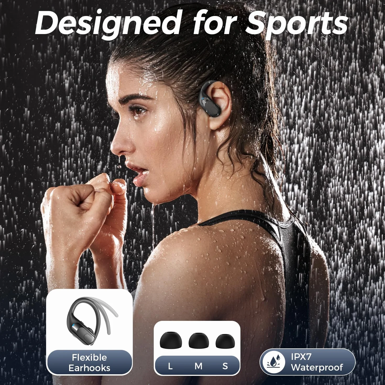 Cuffie Bluetooth 5.3 Auricolari senza fili 130 ore di autonomia Ricarica senza fili Auricolari IPX7 Impermeabili con ganci per orecchie Display a LED per lo sport e la corsa