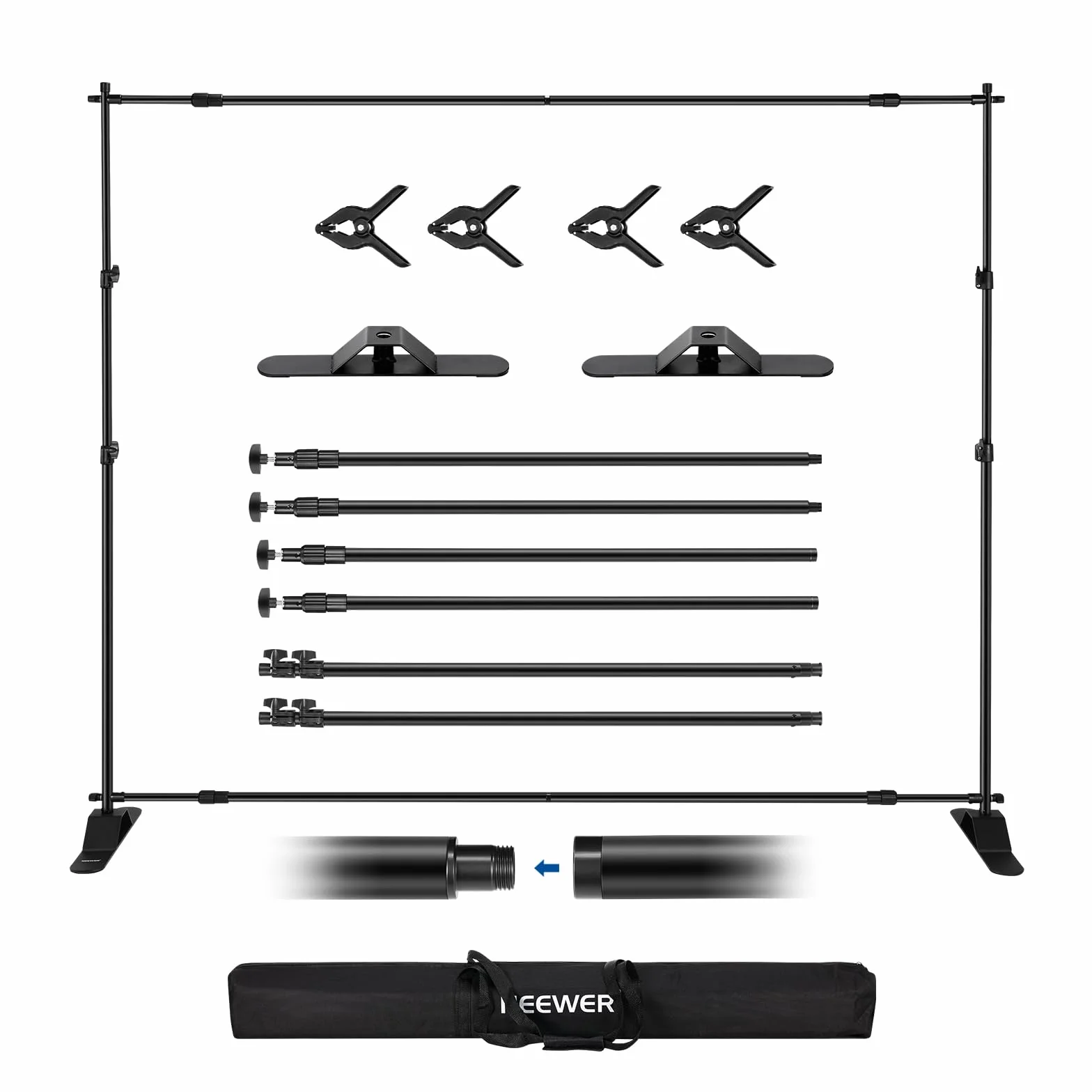 NEEWER Supporto per Fondale Resistente con Basi Allargate, 10x8ft Supporto Sfondo con 4 Traverse, 2 Pali Telescopici, 4 Clip a Molla e Borsa per Servizio Fotografico Studio, Feste, Matrimoni, NK-ST300