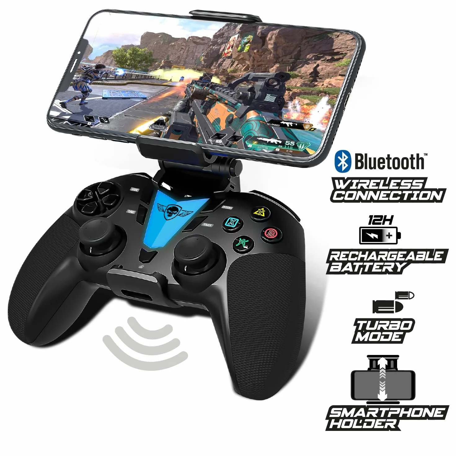 Controller per Telefono Android Bluetooth con Tasto Programmabile + Supporto Smartphone | Compatibile con Iphone, Apple TV, IOS, Android, PS4, PS3 e PC | Gioca a Fortnite, Call of Duty su Cellulare