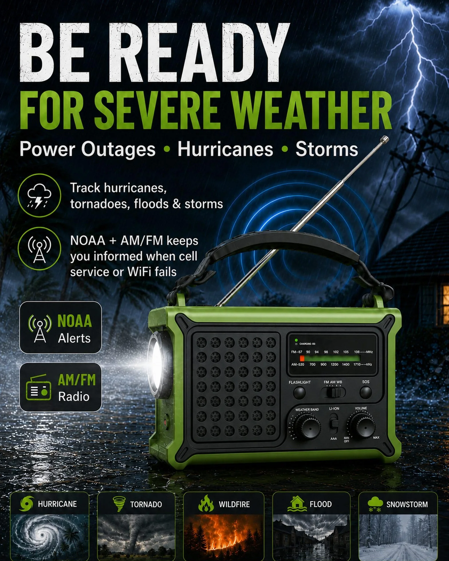 Radio meteorologica di emergenza AM/FM/NOAA solare manovella LED torcia USB SOS