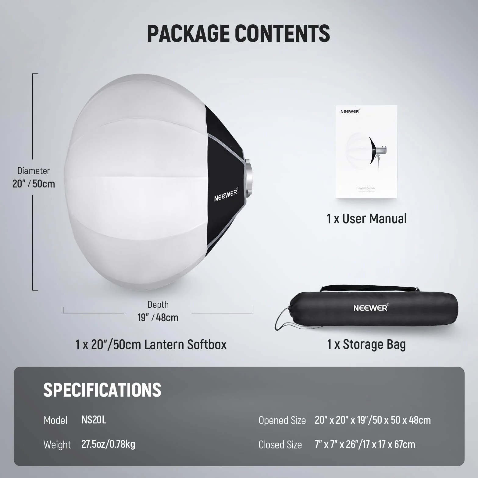 NEEWER Lanterna Softbox da 50 cm, diffusore di luce a 360° a sgancio rapido, montaggio Bowens, Softbox con lega di nylon leggera per luci video LED continue RGB CB60 CB60B CB200B MS60B MS60C MS150B