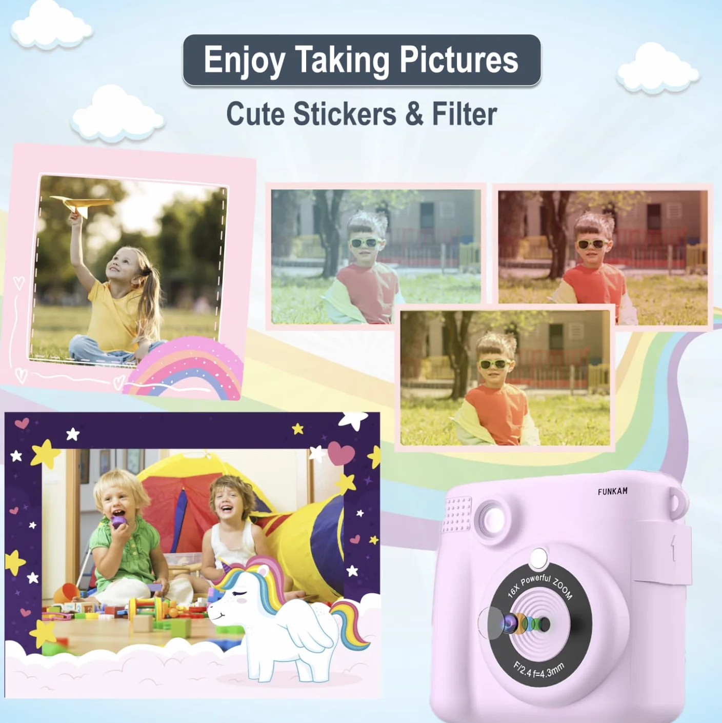 Macchina Fotografica Bambini Istantanea, 2,4" HD 1080P con scheda SD 32GB, 5 pennarelli, adesivi, 5 rotoli di carta, ciondolo. Fotocamera Bambini e ragazze dai 3 ai 14 anni. (Viola)