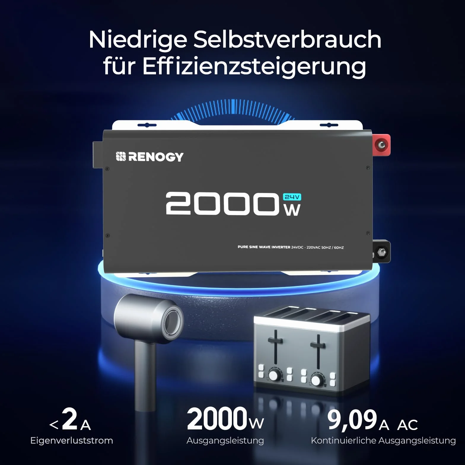Renogy 2000W/4000W Power Inverter 24v 220v Onda Pura, DC in AC con Presa USB e presa europea per Camper, Camion, Roulotte, Pannelli Solari, Picco 4000W