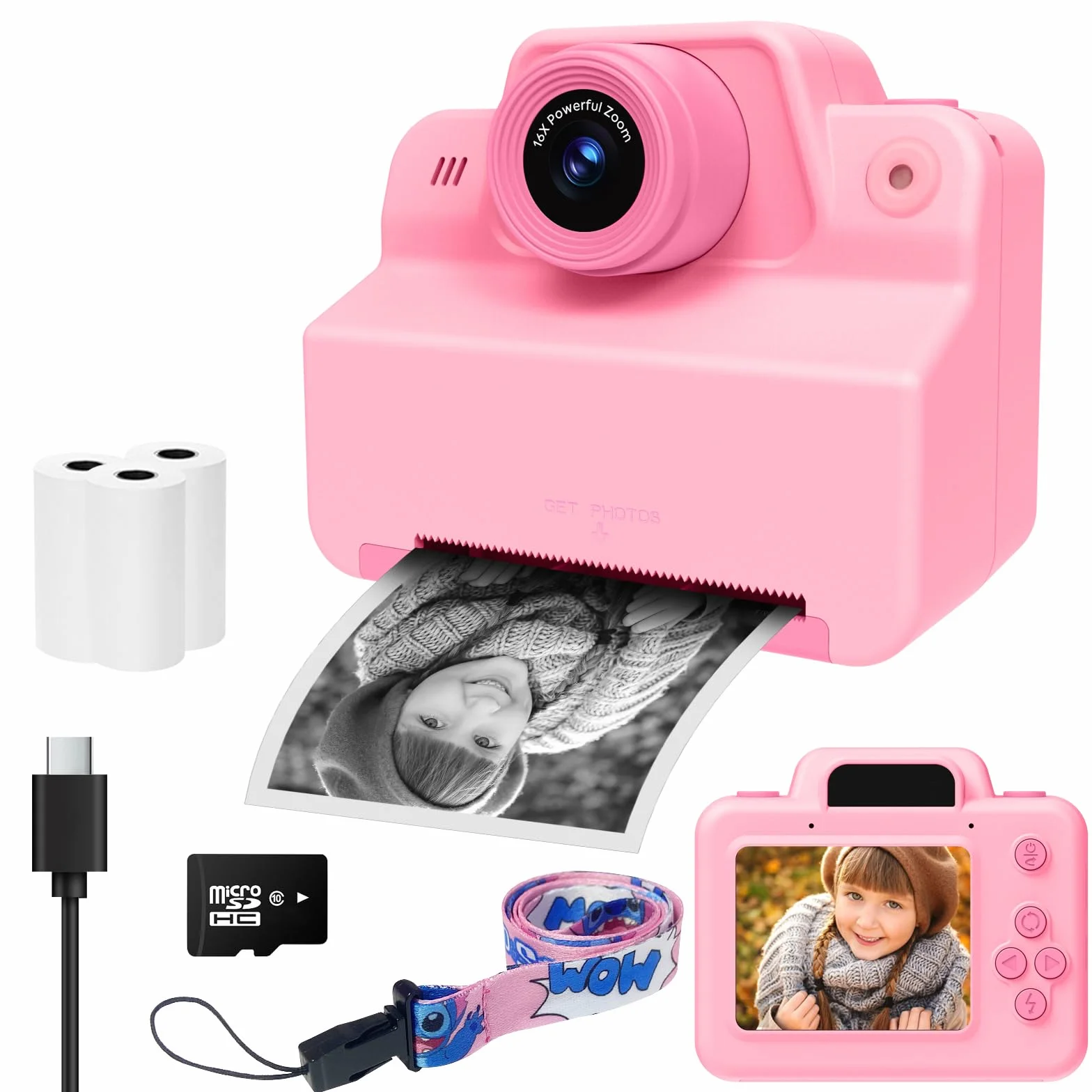 Fotocamera istantanea per bambini, con scheda SD e carta da stampa, 1080P, fotocamera digitale per bambini, regalo di compleanno di Natale, per ragazzi e ragazze, 3-12 anni (rosa)