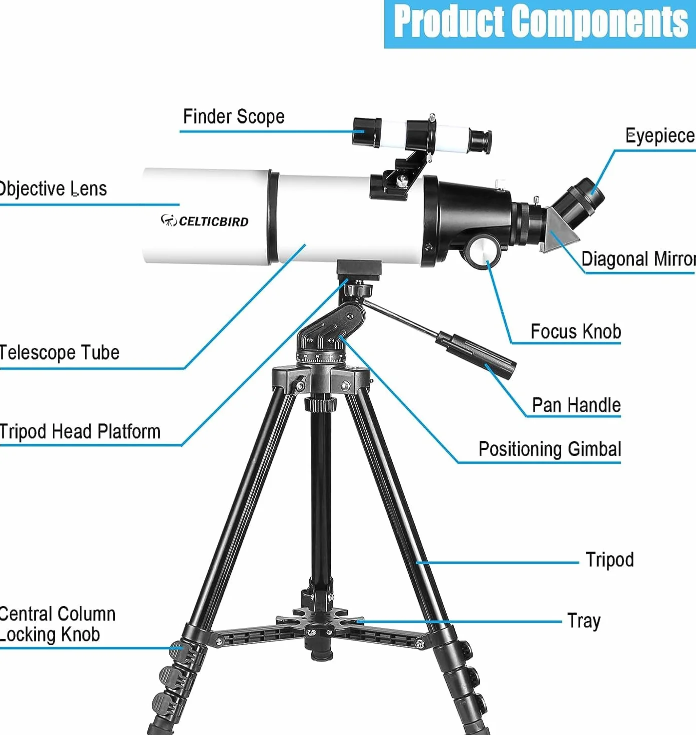 Celticbird Telescopio Telescopio astronomico di rifrazione per adulti e principianti - AZ Mount con zaino, filtro lunare 80560