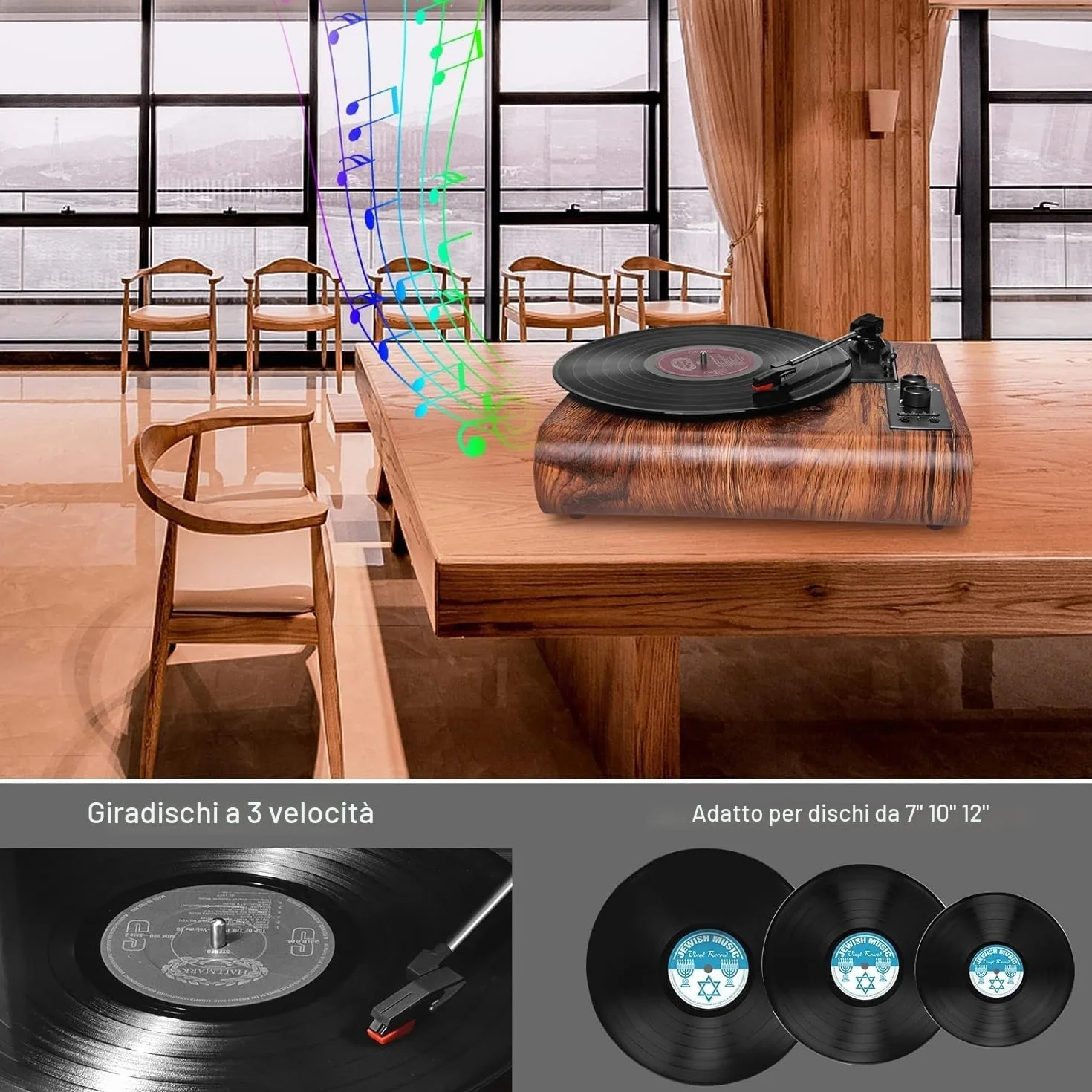 Giradischi in Vinile Vintage Bluetooth Altoparlanti Integrati 3 Velocità Portatile Legno Noce