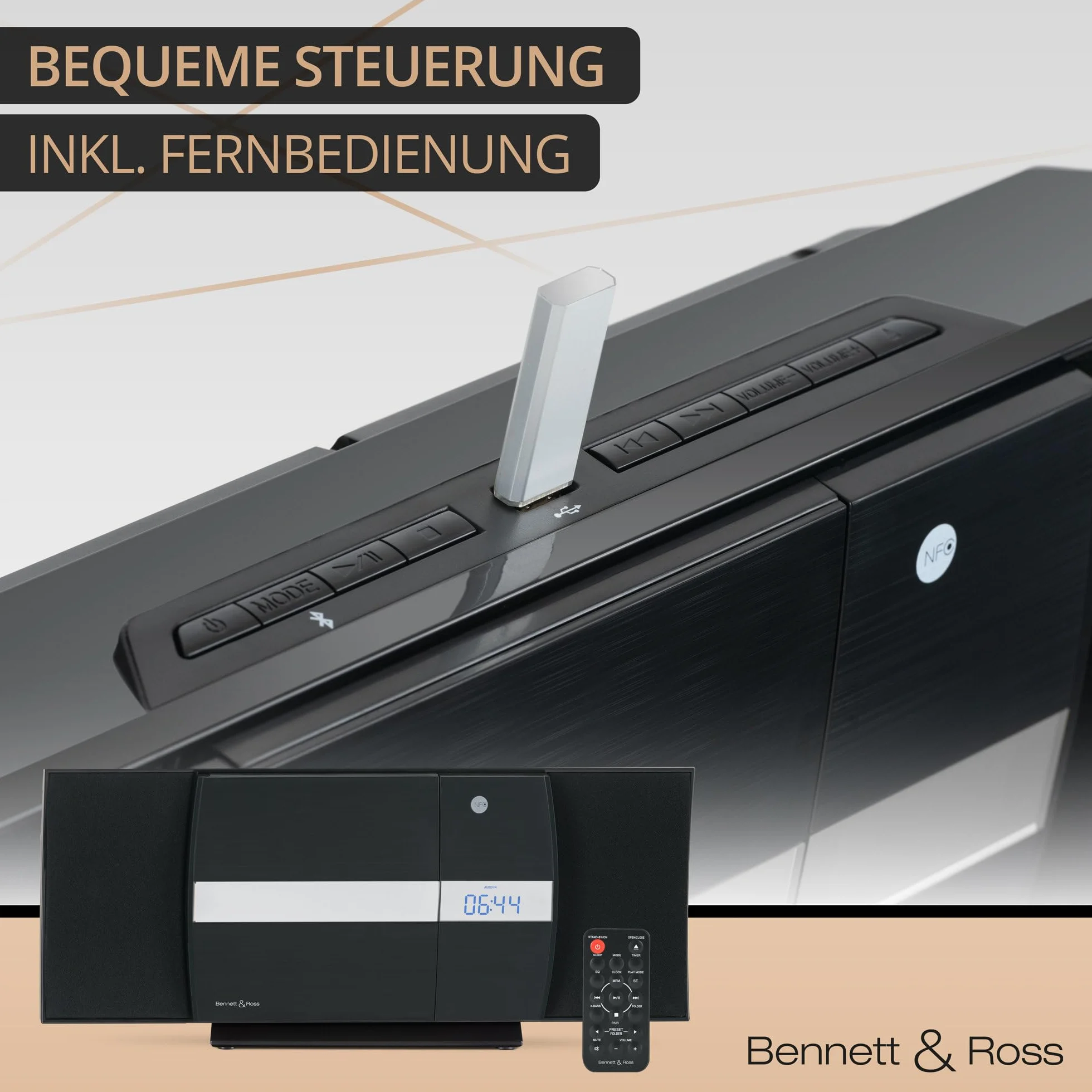 Bennett & Ross Ålesund Impianto stereo verticale - Microchaîne hi-fi avec lecteur CD, MP3, fonction UKW, USB et Bluetooth avec NFC - Installation sur pied ou murale - Telecomando incluso - Nero