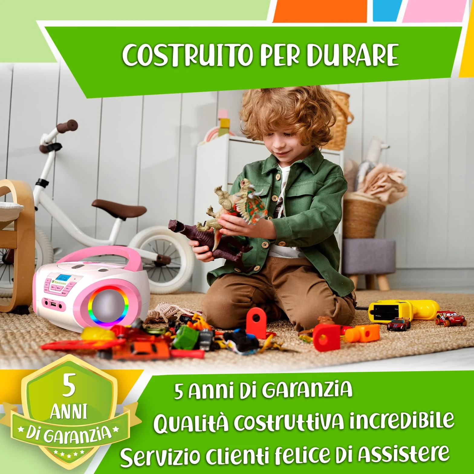 TinyGeeks Tunes CD PLAYER BAMBINI - NUOVO - Radio FM - Batterie incluse - LETTORE CD BAMBINI con altoparlanti - Regalo perfetto - Rosa