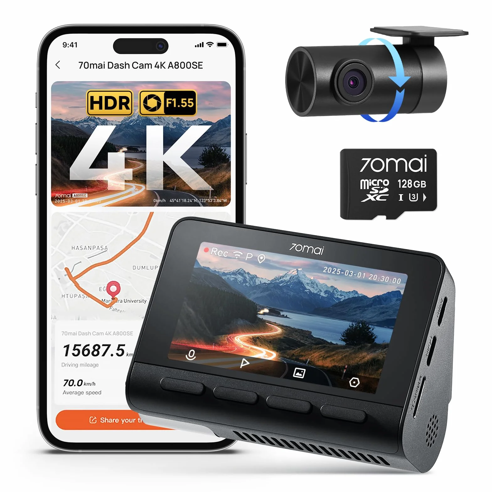 70mai A800SE Dashcam 4K+1080P GPS WiFi Doppia Telecamera Fronte/Retro con SD 128GB F1.55 HDR Visione Notturna ADAS Schermo 3" Parcheggio 24/7