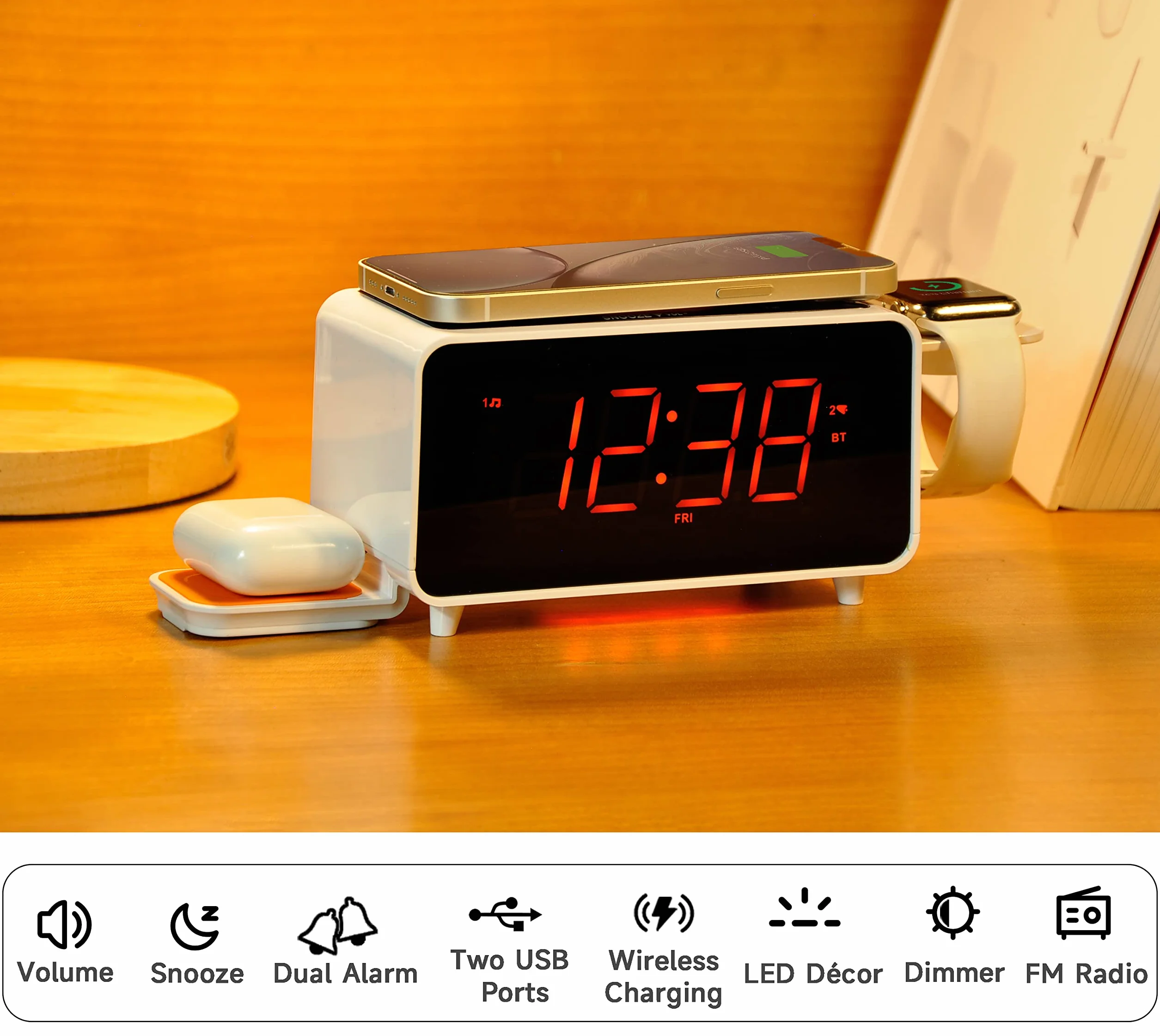 iTOMA CKS209 Radiosveglia Bluetooth 15W Caricabatterie Wireless USB Snooze Display 1,4" LED