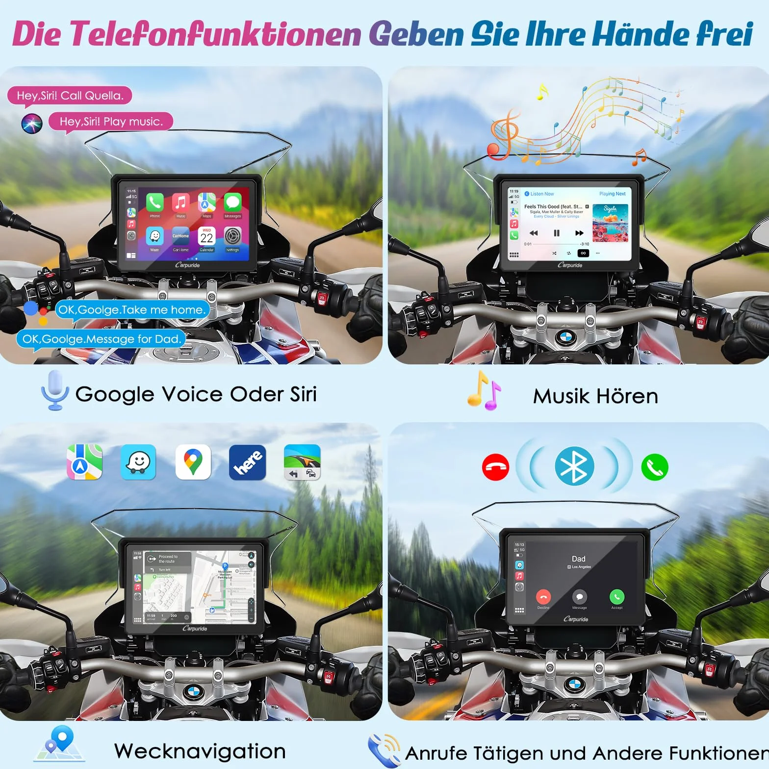 Carpuride W502B Schermo Carplay per BMW Moto R1200GS R1250GS S1000XR, Touchscreen Impermeabile da 5 pollici, Navigazione GPS Portatile Carplay/Android Auto per Moto, Doppio Bluetooth