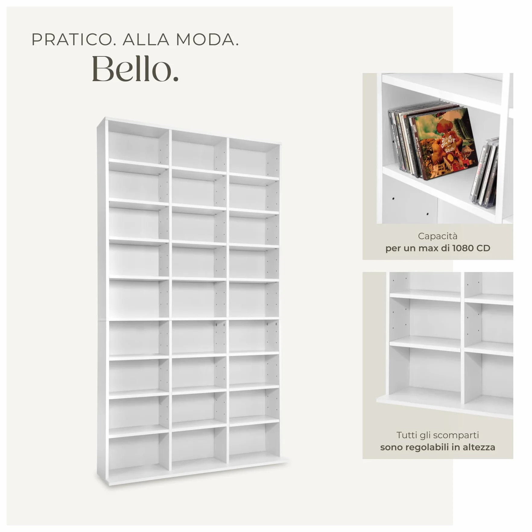 tectake® Scaffale Porta CD DVD Archiviazione 1080 CD, Supporto di Archiviazione, 27 Piani, Facile da Montare, Materiale MDF con Rivestimento Plastico, Dimensioni 180x102x23,5 cm, Peso 34 kg - Bianco