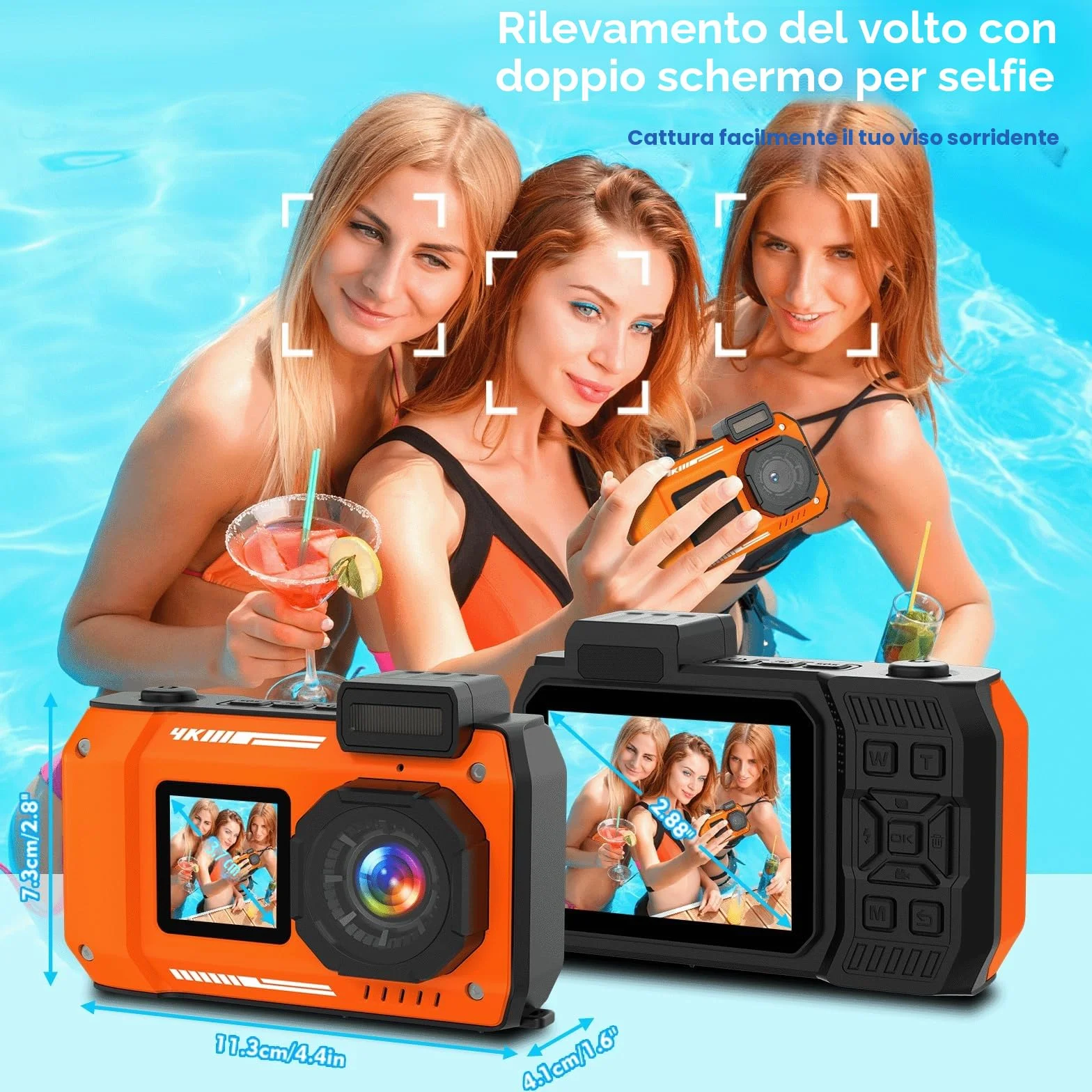 Fotocamera subacquea 4K 48MP impermeabile 32GB doppio schermo robusta antipolvere antiurto autofocus per selfie snorkeling immersioni sport viaggi (arancione)
